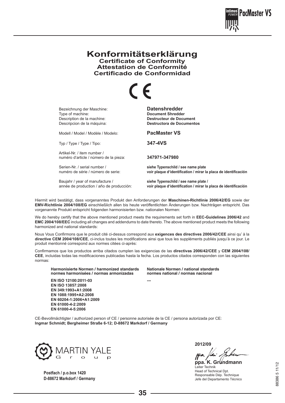 Pacmaster vs, Konformitätserklärung | intimus PacMaster S User Manual | Page 35 / 36