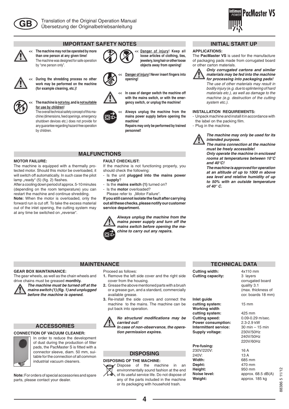 Pacmaster vs, Initial start up malfunctions technical data, Maintenance | Disposing accessories | intimus PacMaster S User Manual | Page 4 / 36