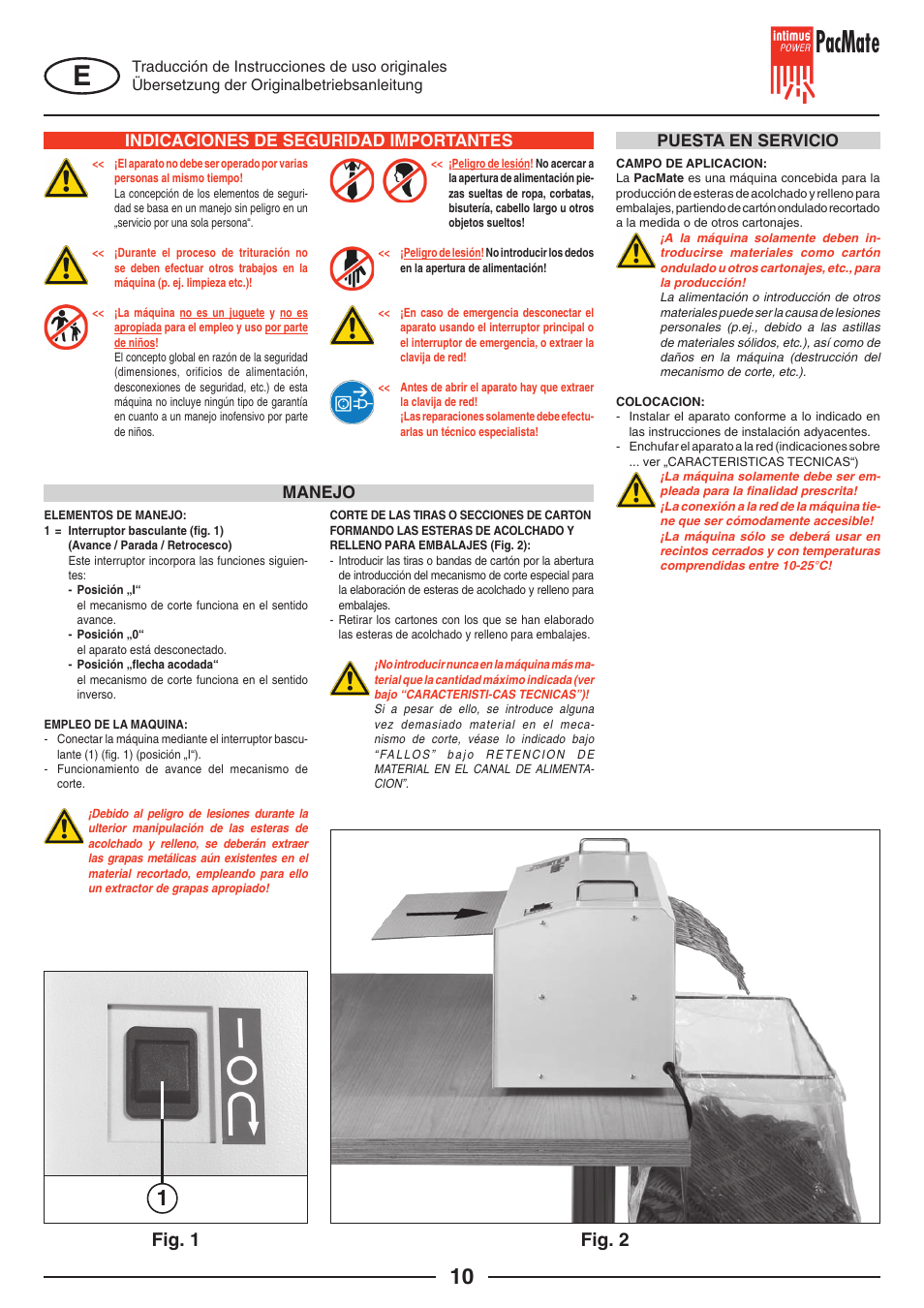 Pacmate, Fig. 1, Fig. 2 | Indicaciones de seguridad importantes, Puesta en servicio manejo | intimus PacMate User Manual | Page 10 / 36