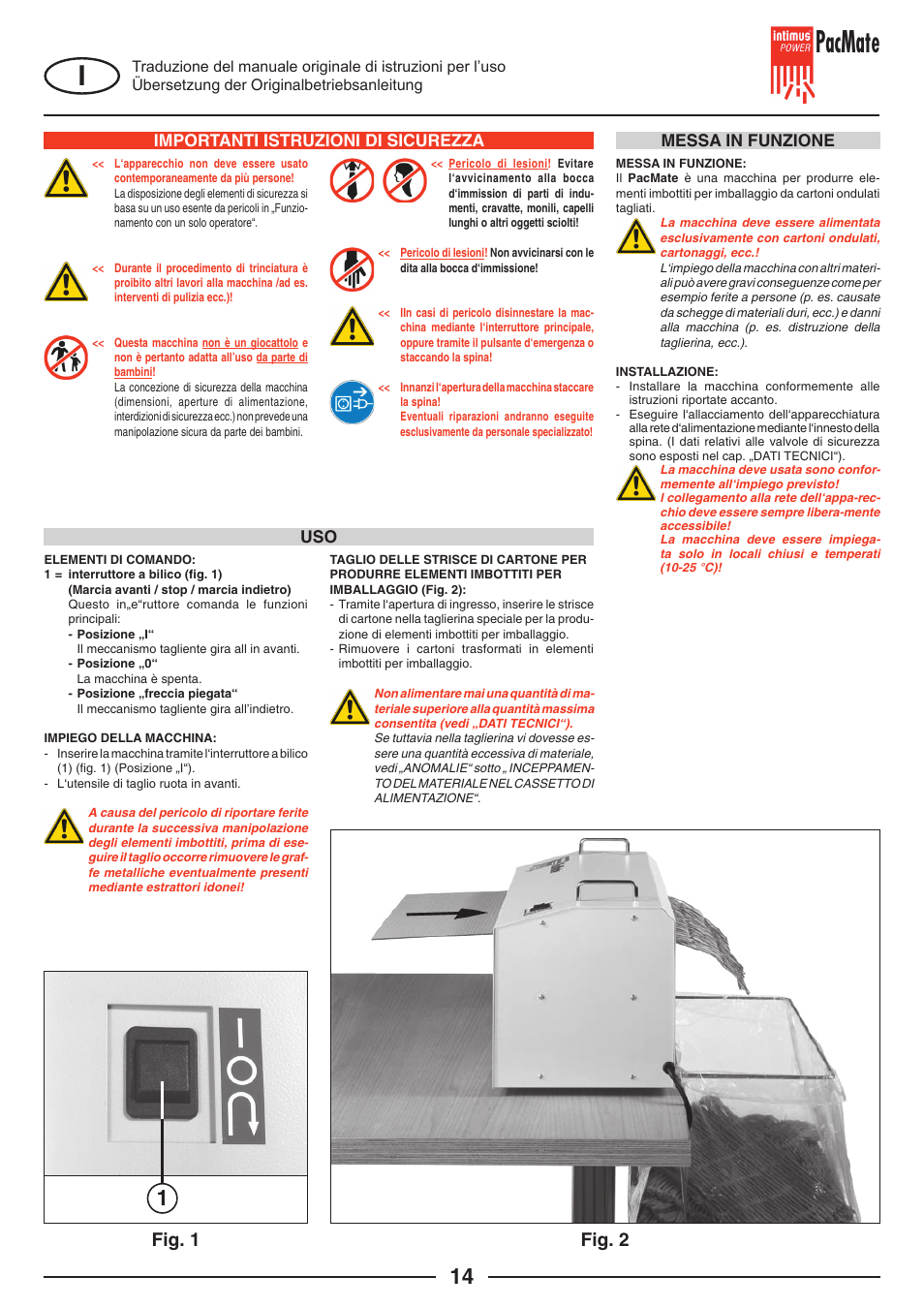 Pacmate, Fig. 1, Fig. 2 | Importanti istruzioni di sicurezza, Messa in funzione uso | intimus PacMate User Manual | Page 14 / 36