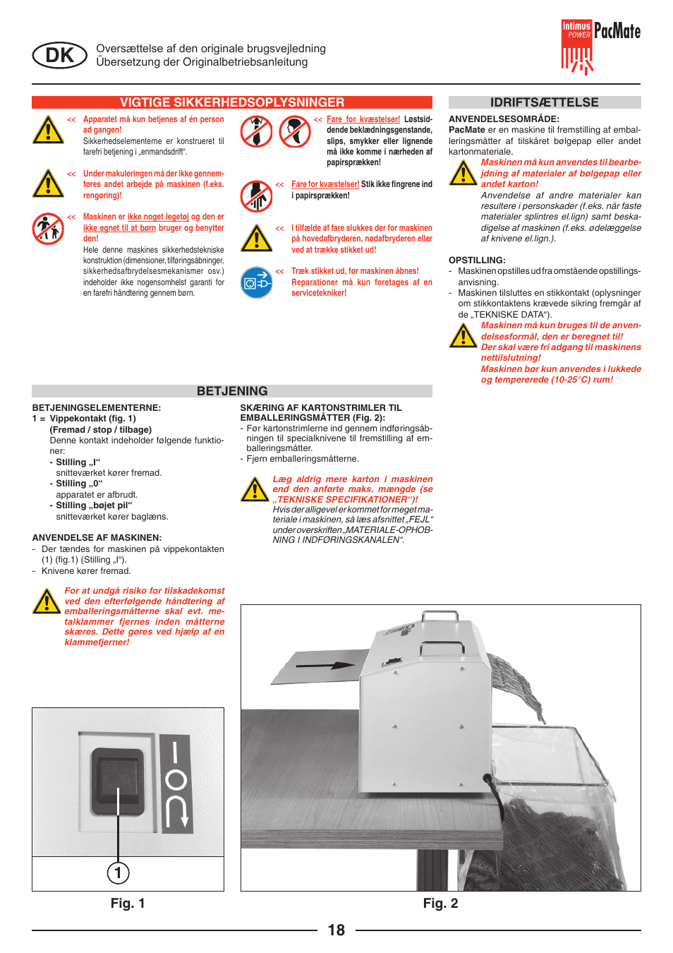 Pacmate, Fig. 1, Fig. 2 | Vigtige sikkerhedsoplysninger, Idriftsættelse betjening | intimus PacMate User Manual | Page 18 / 36