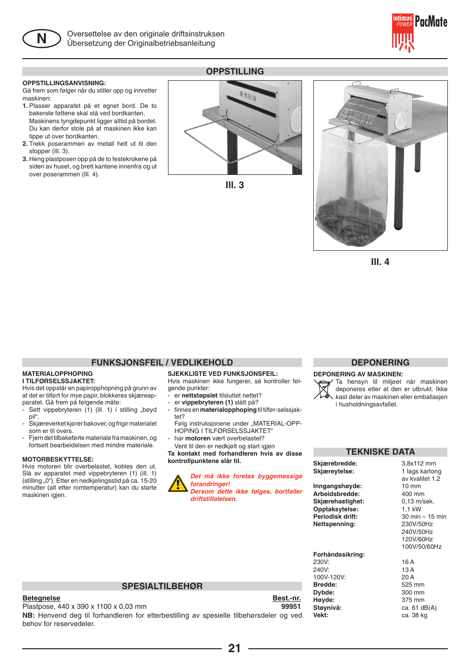 Pacmate, Ill. 3 ill. 4, Oppstilling | Funksjonsfeil / vedlikehold spesialtilbehør, Tekniske data, Deponering | intimus PacMate User Manual | Page 21 / 36