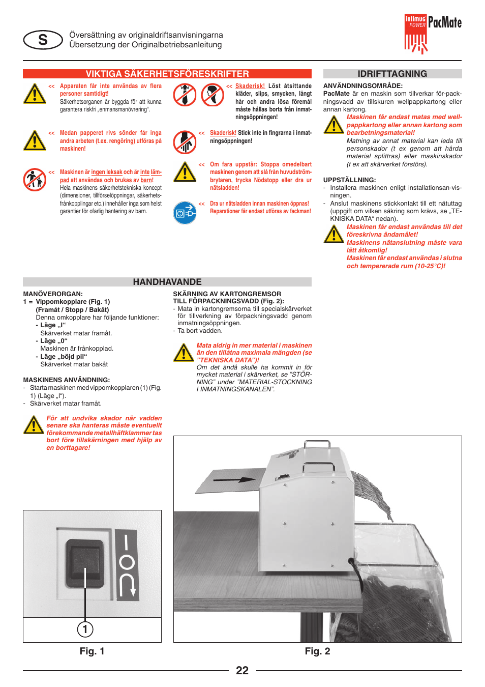 Pacmate, Fig. 1, Fig. 2 | Viktiga säkerhetsföreskrifter, Idrifttagning handhavande | intimus PacMate User Manual | Page 22 / 36