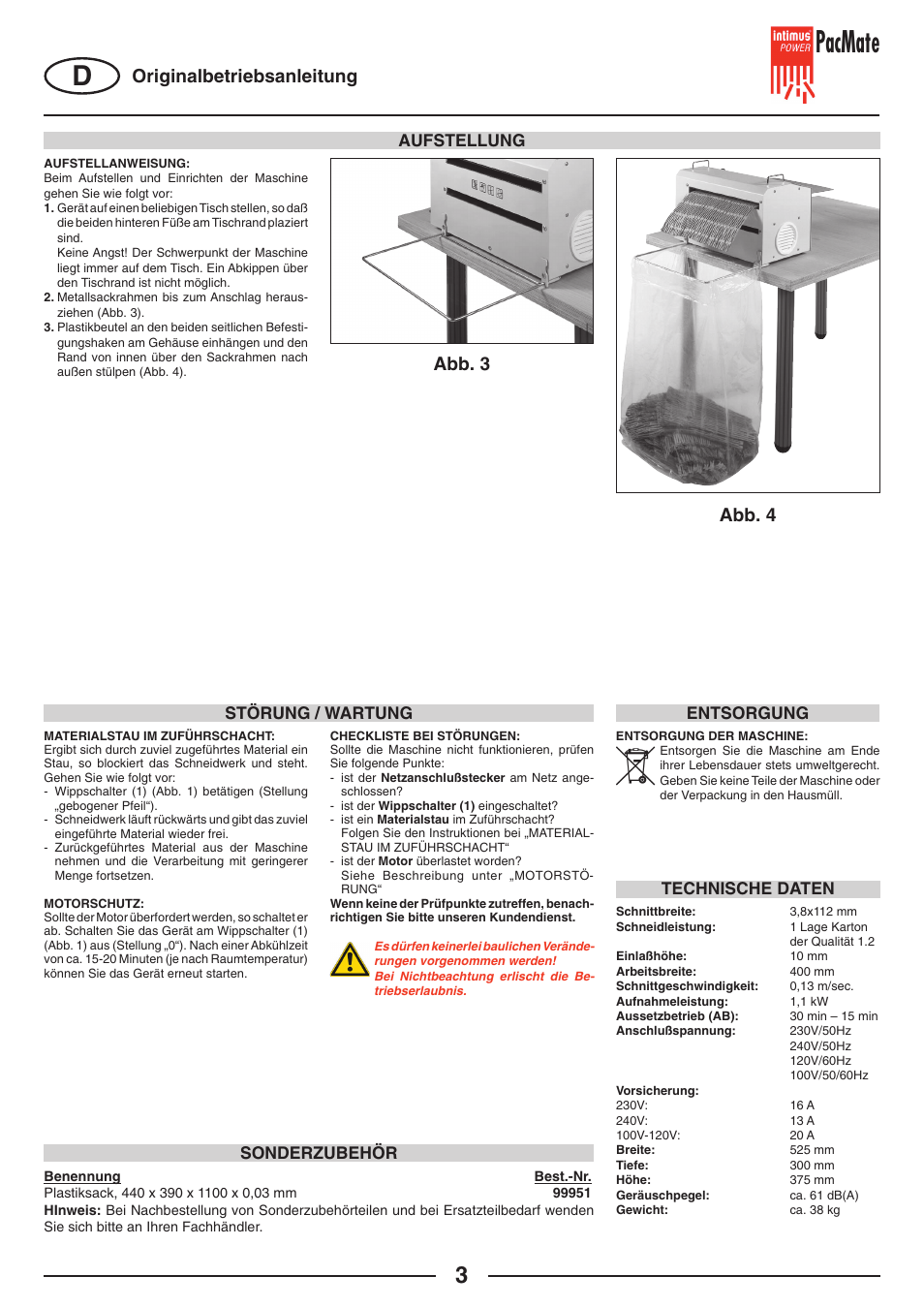 Pacmate, Abb. 3 abb. 4 originalbetriebsanleitung, Aufstellung | Störung / wartung sonderzubehör technische daten, Entsorgung | intimus PacMate User Manual | Page 3 / 36