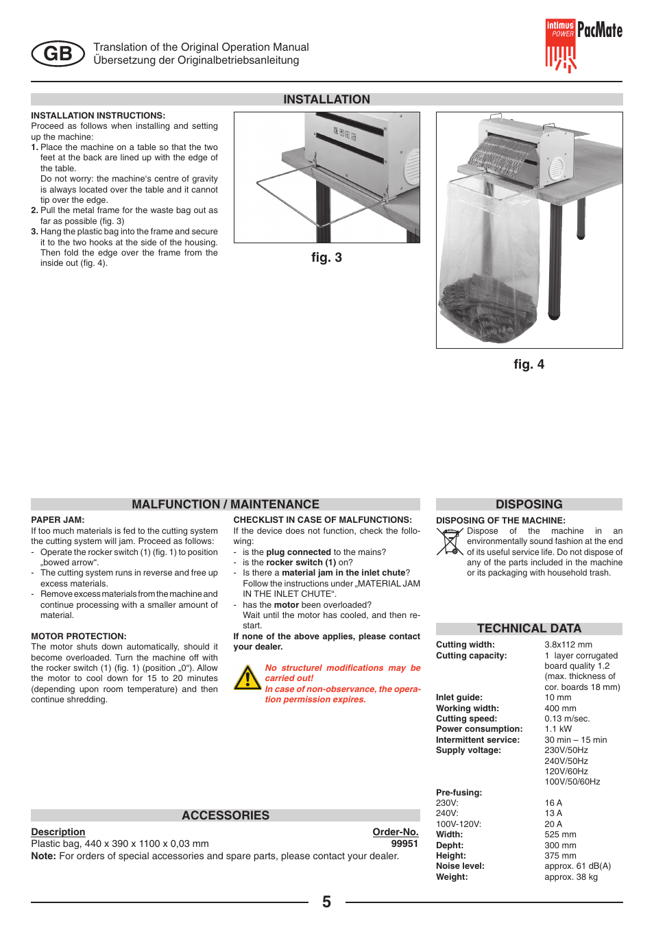 Pacmate, FIg. 3 ﬁg. 4, Technical data installation | Malfunction / maintenance accessories, Disposing | intimus PacMate User Manual | Page 5 / 36