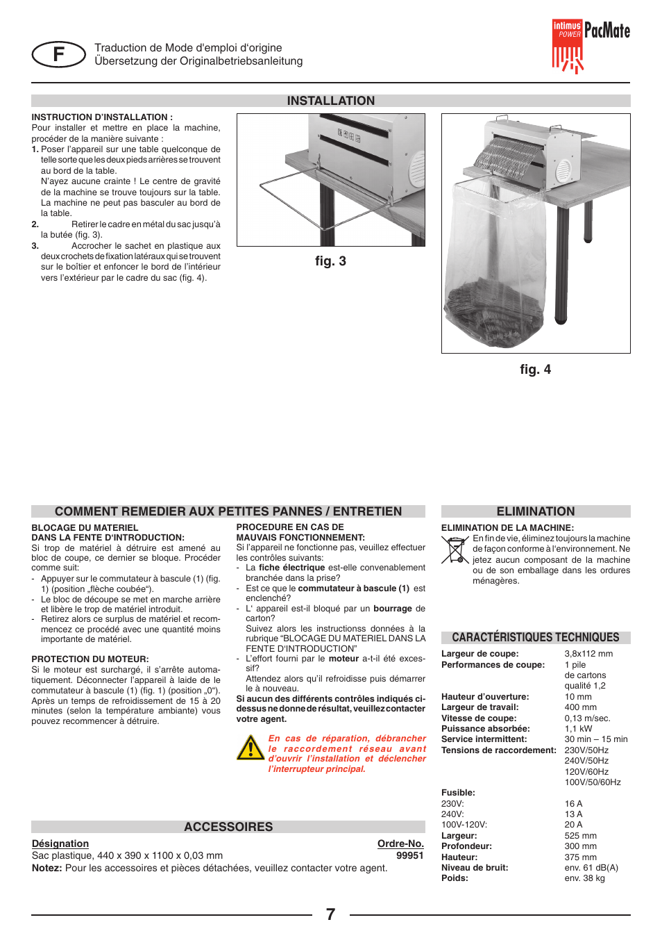 Pacmate, FIg. 4 ﬁg. 3, Accessoires | Caractéristiques techniques elimination | intimus PacMate User Manual | Page 7 / 36