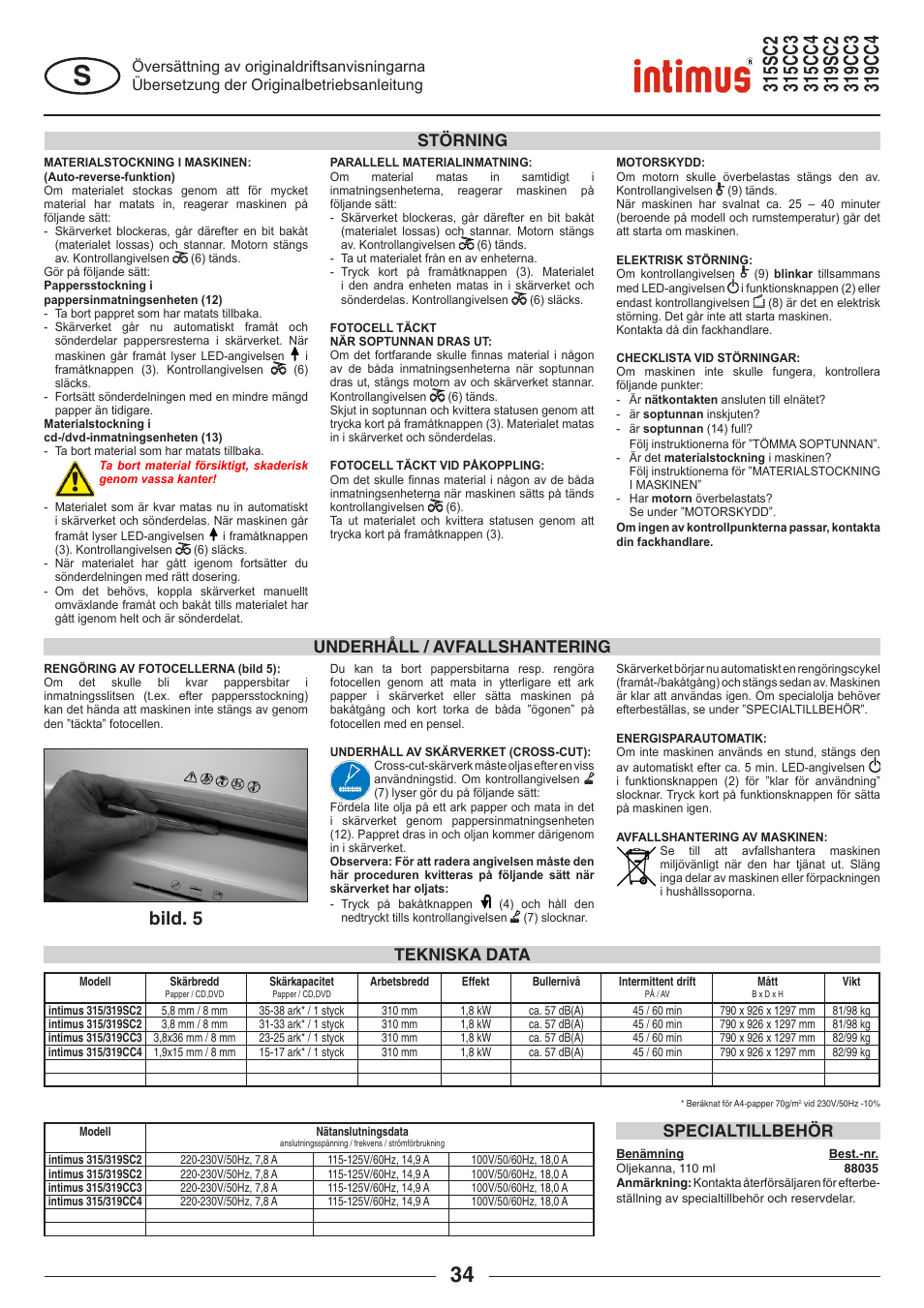 Bild. 5, Tekniska data specialtillbehör, Underhåll / avfallshantering störning | intimus 319 User Manual | Page 34 / 56