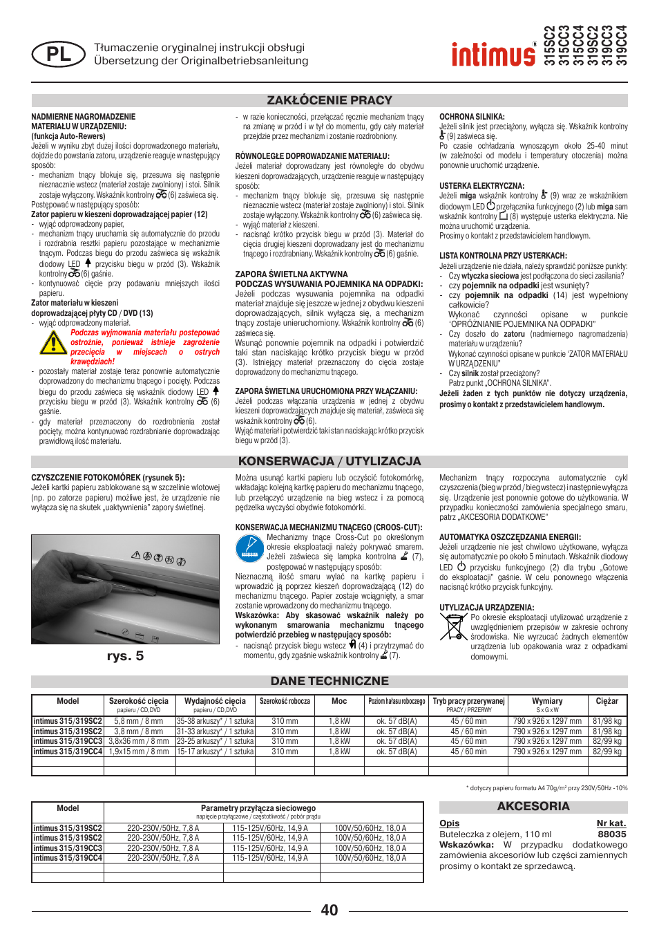 Rys. 5, Dane techniczne akcesoria, Konserwacja / utylizacja zakłócenie pracy | intimus 319 User Manual | Page 40 / 56