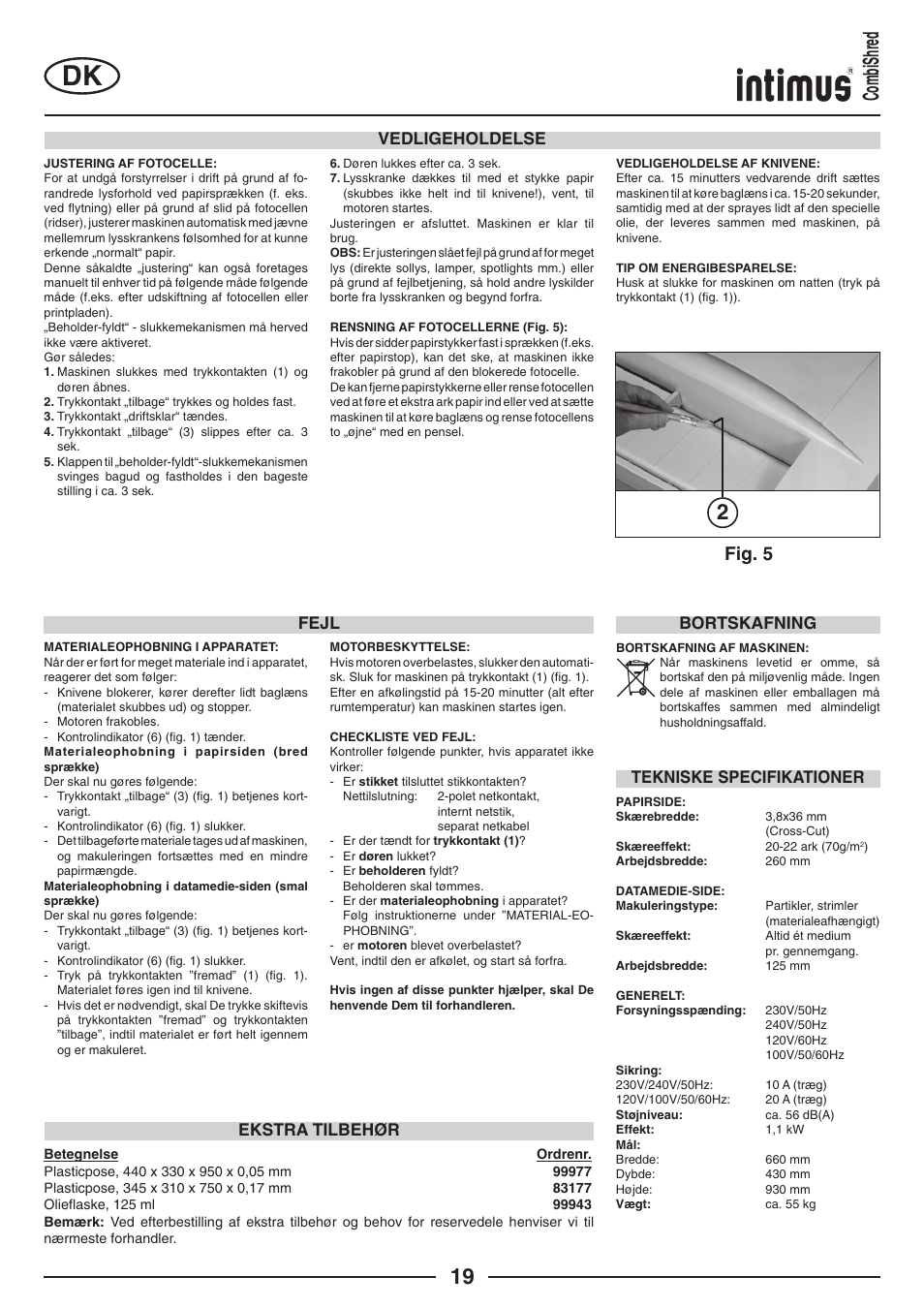 2combishred, Fig. 5, Vedligeholdelse | Fejl, Ekstra tilbehør, Bortskafning, Tekniske specifikationer | intimus Combishred User Manual | Page 19 / 36