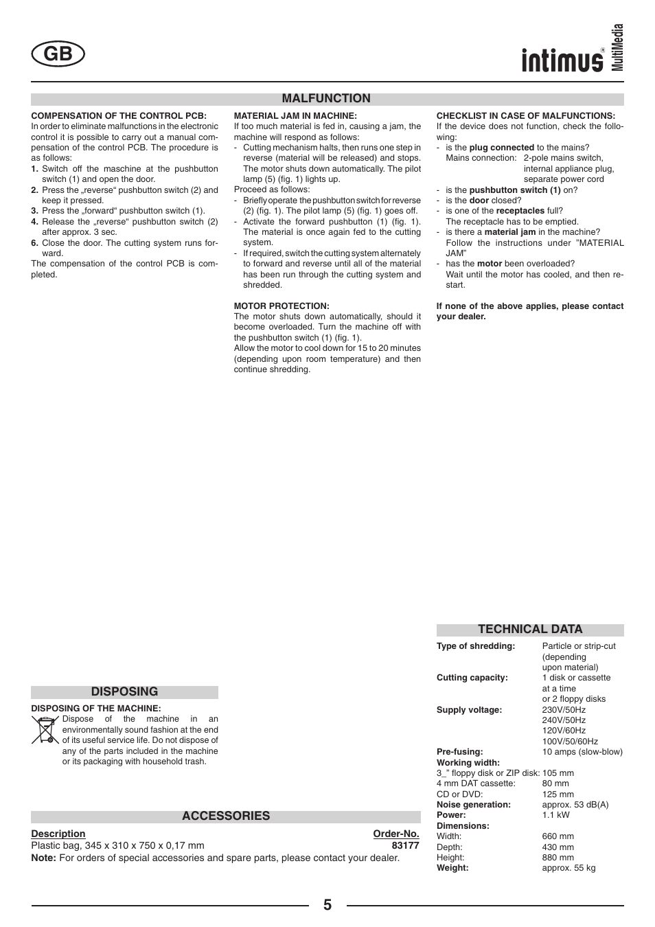 Multimedia, Malfunction technical data accessories, Disposing | intimus MultiMedia User Manual | Page 5 / 36