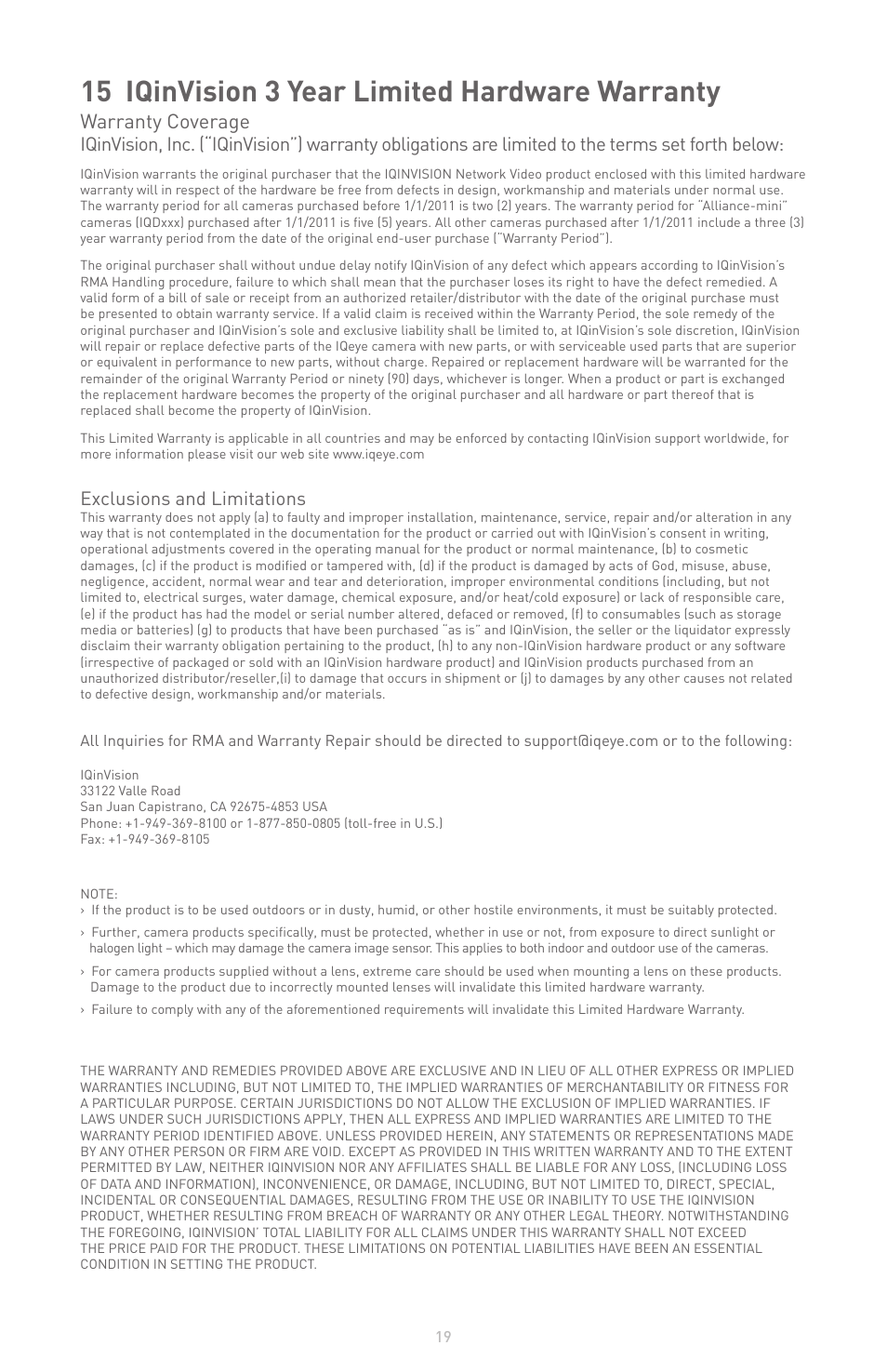 15 iqinvision 3 year limited hardware warranty, Warranty coverage, Exclusions and limitations | IQinVision Sentinel Series User Manual | Page 19 / 20