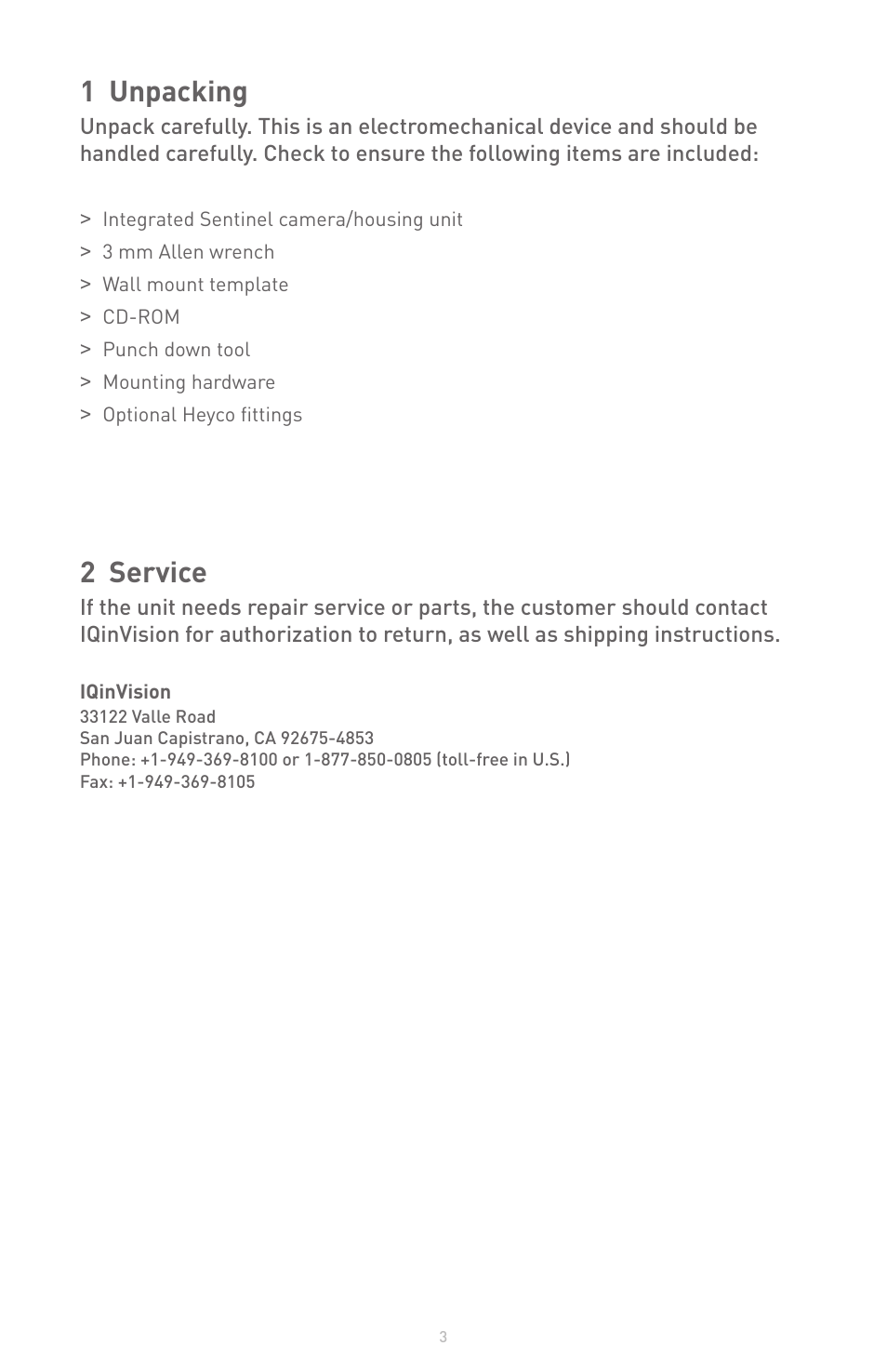 1 unpacking, 2 service | IQinVision Sentinel Series User Manual | Page 3 / 20