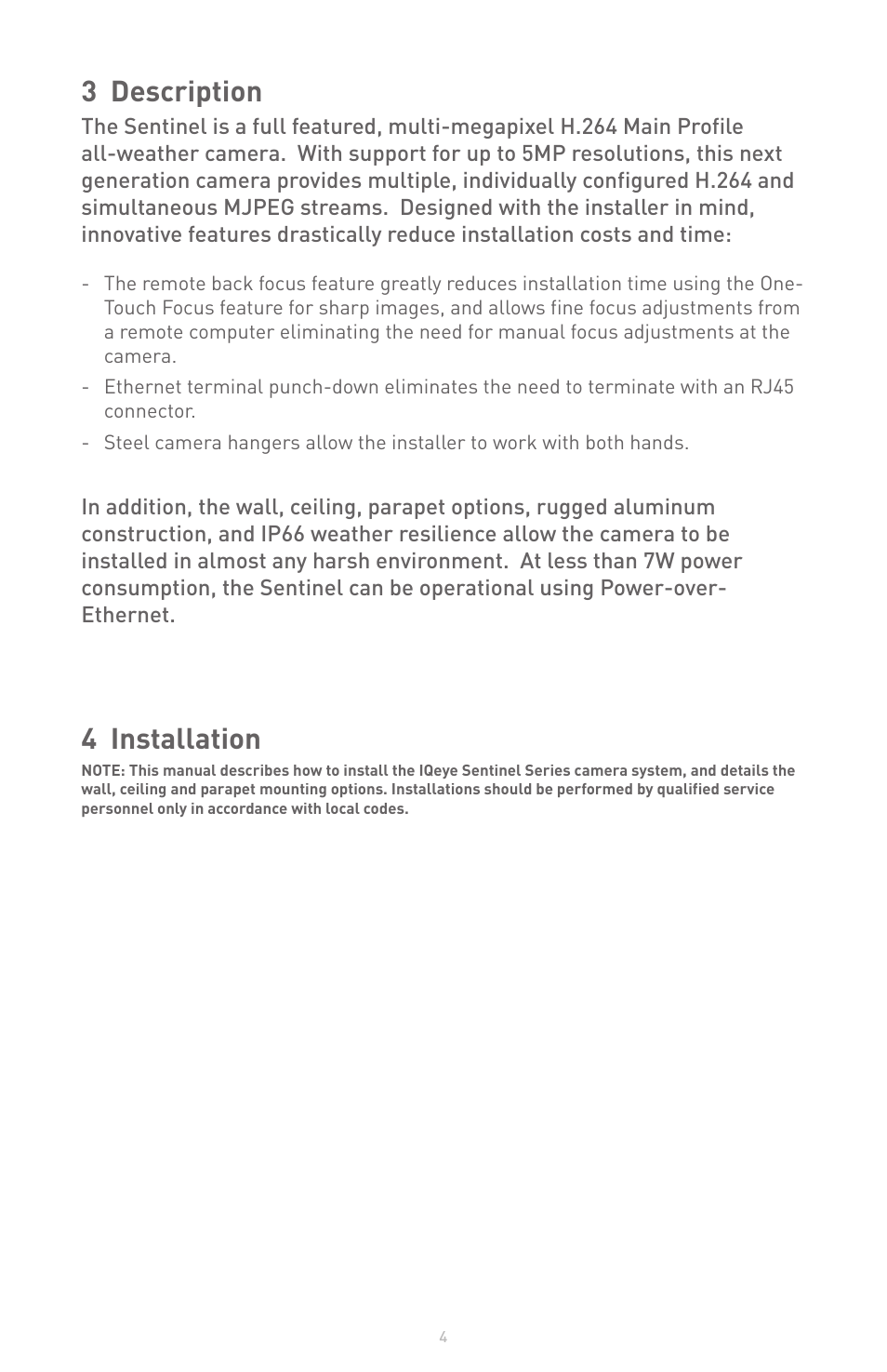 3 description, 4 installation | IQinVision Sentinel Series User Manual | Page 4 / 20