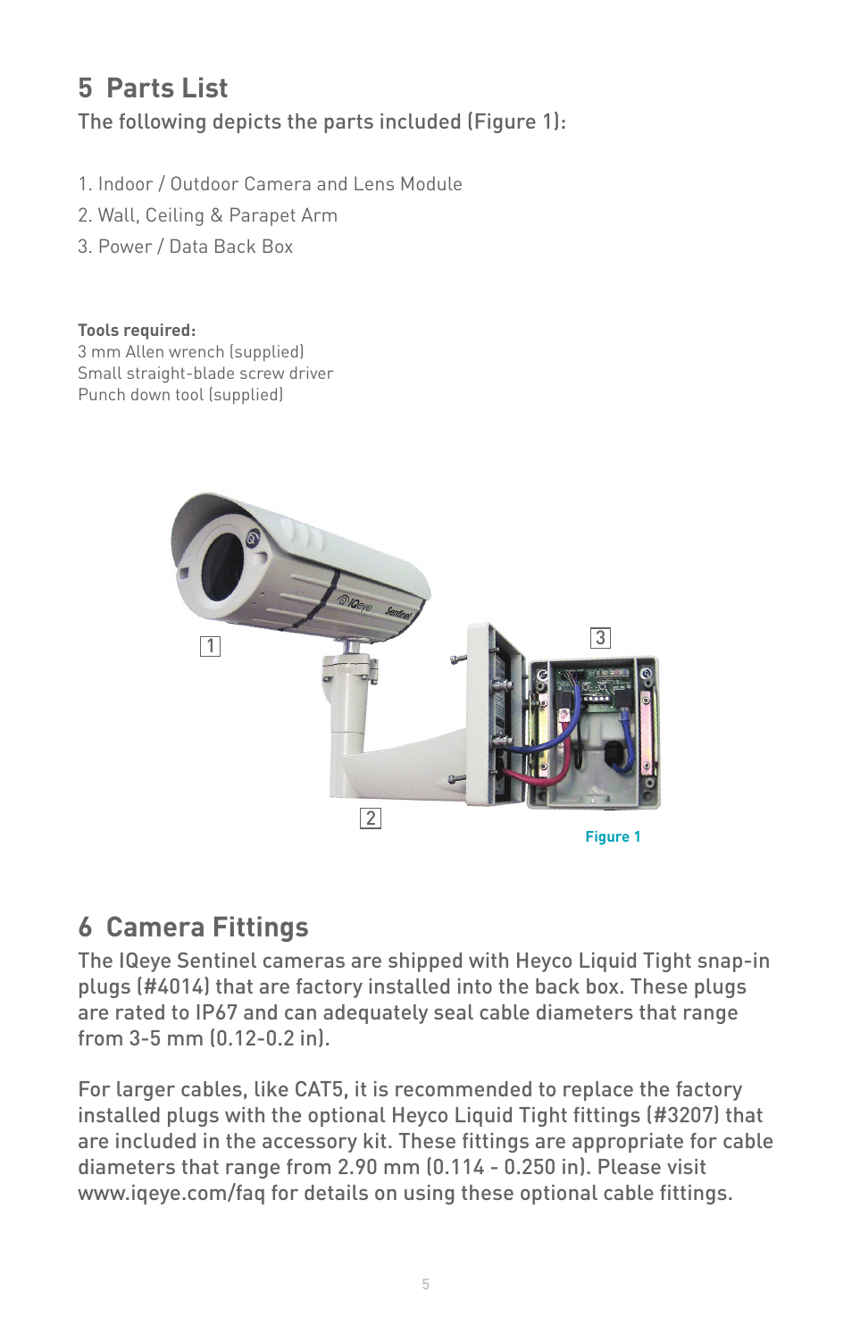 5 parts list, 6 camera fittings | IQinVision Sentinel Series User Manual | Page 5 / 20