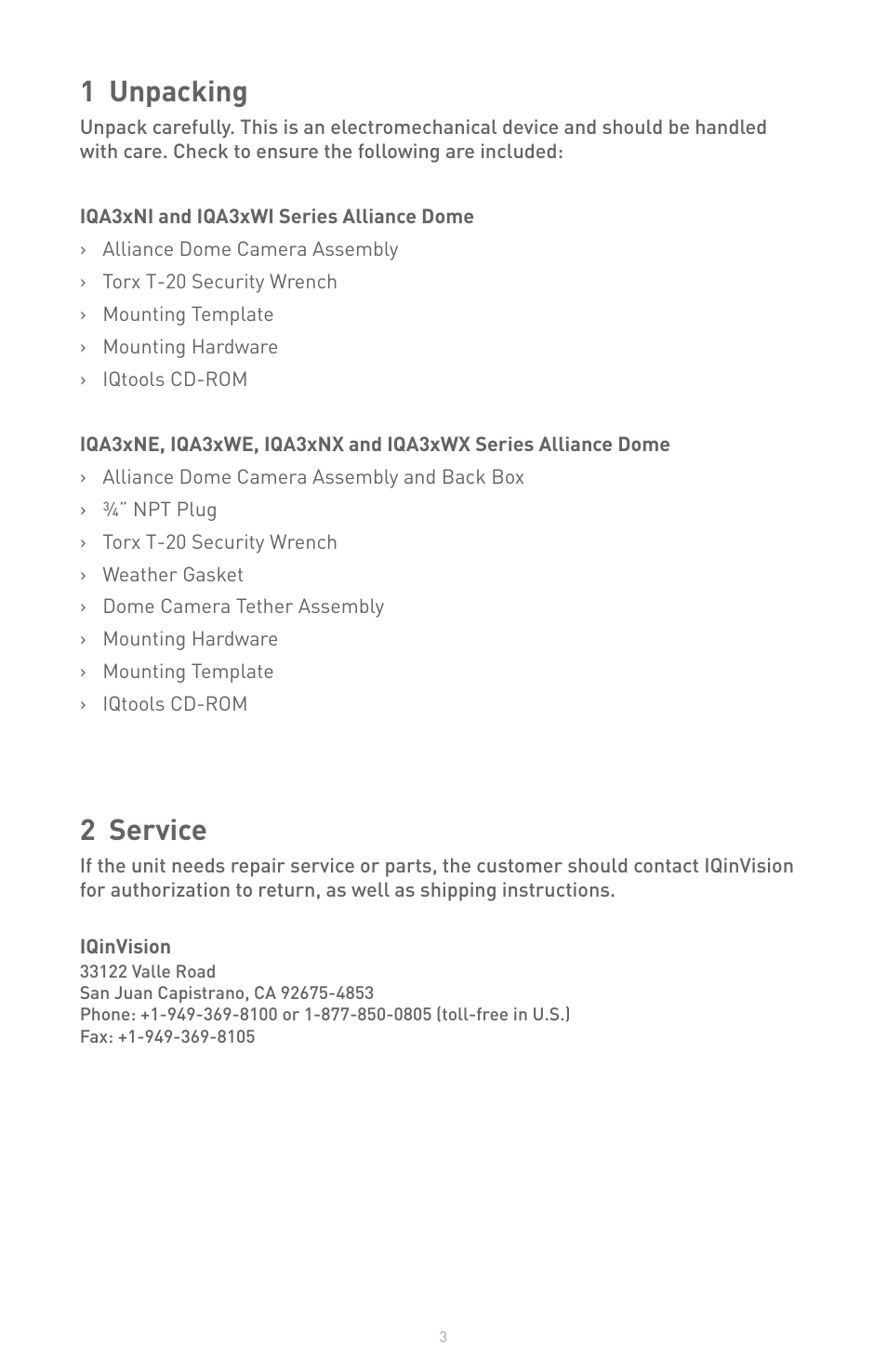 1 unpacking, 2 service | IQinVision Alliance-pro Series User Manual | Page 3 / 20