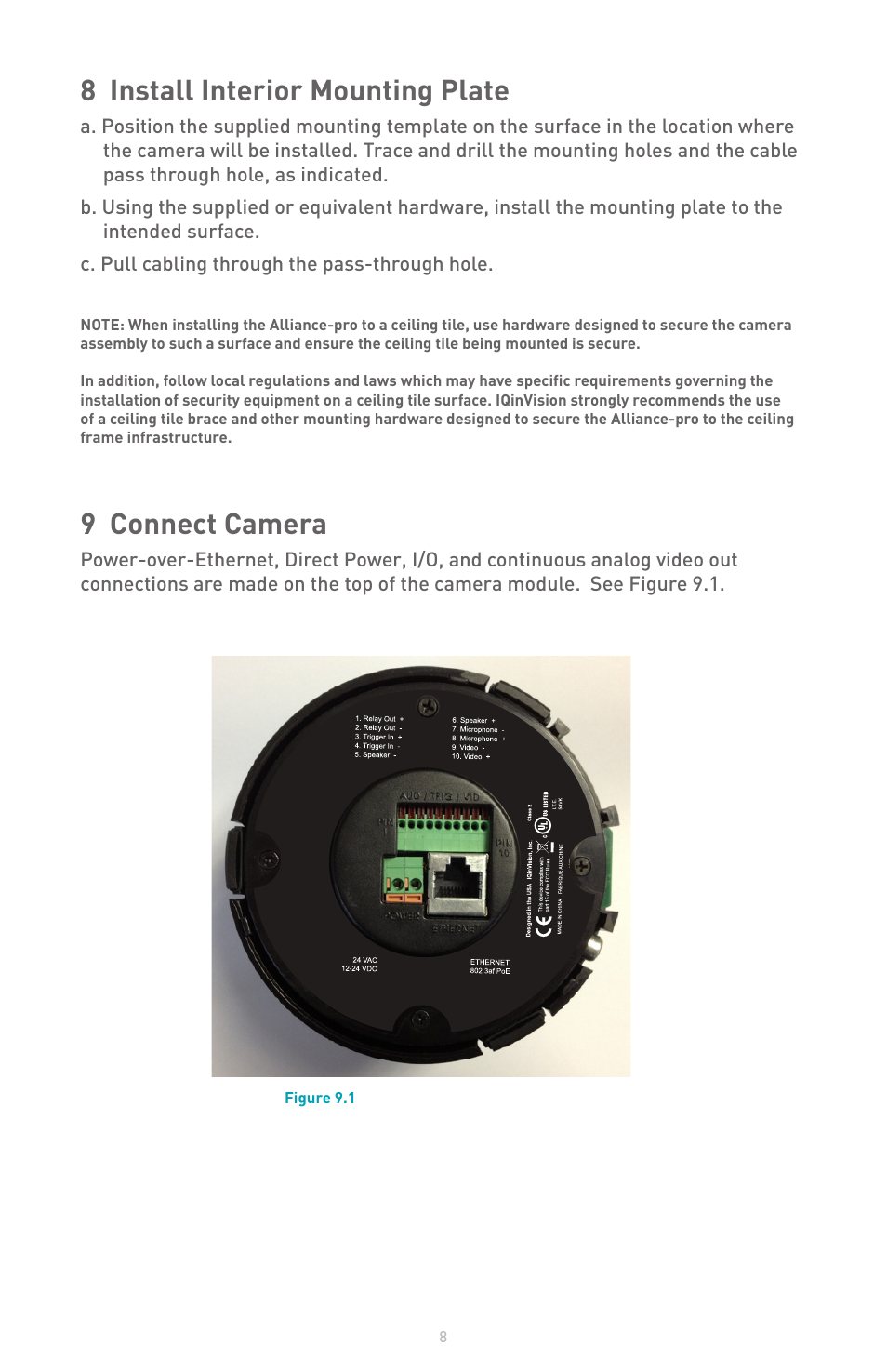 8 install interior mounting plate, 9 connect camera | IQinVision Alliance-pro Series User Manual | Page 8 / 20