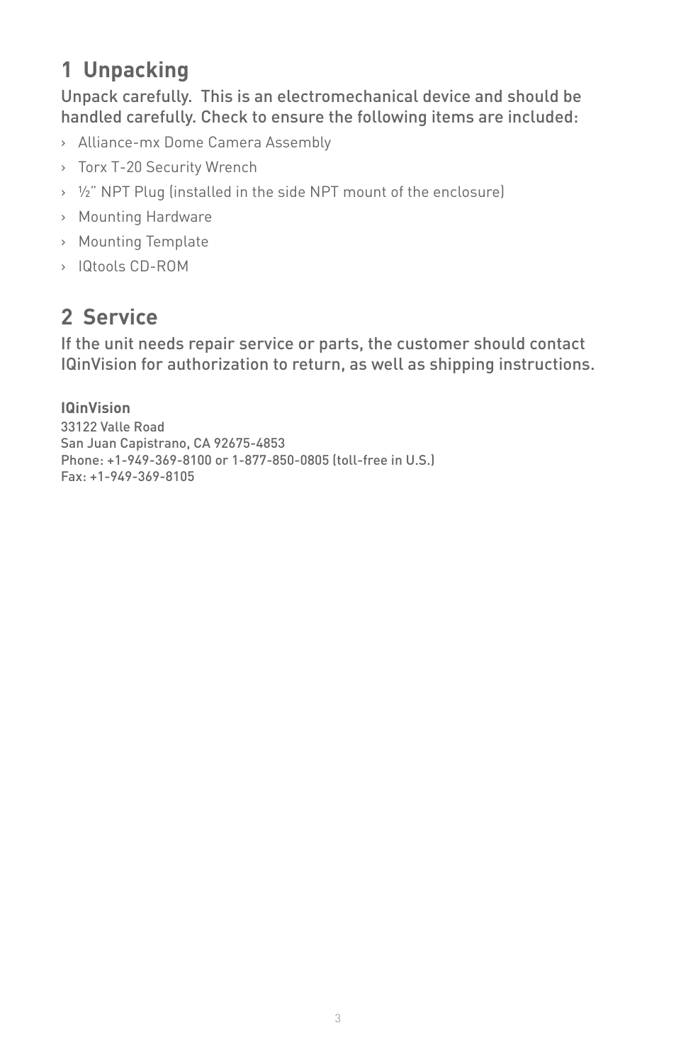 1 unpacking, 2 service | IQinVision Alliance-mx User Manual | Page 3 / 12