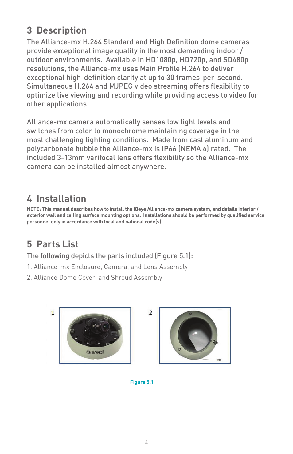 3 description, 4 installation, 5 parts list | IQinVision Alliance-mx User Manual | Page 4 / 12
