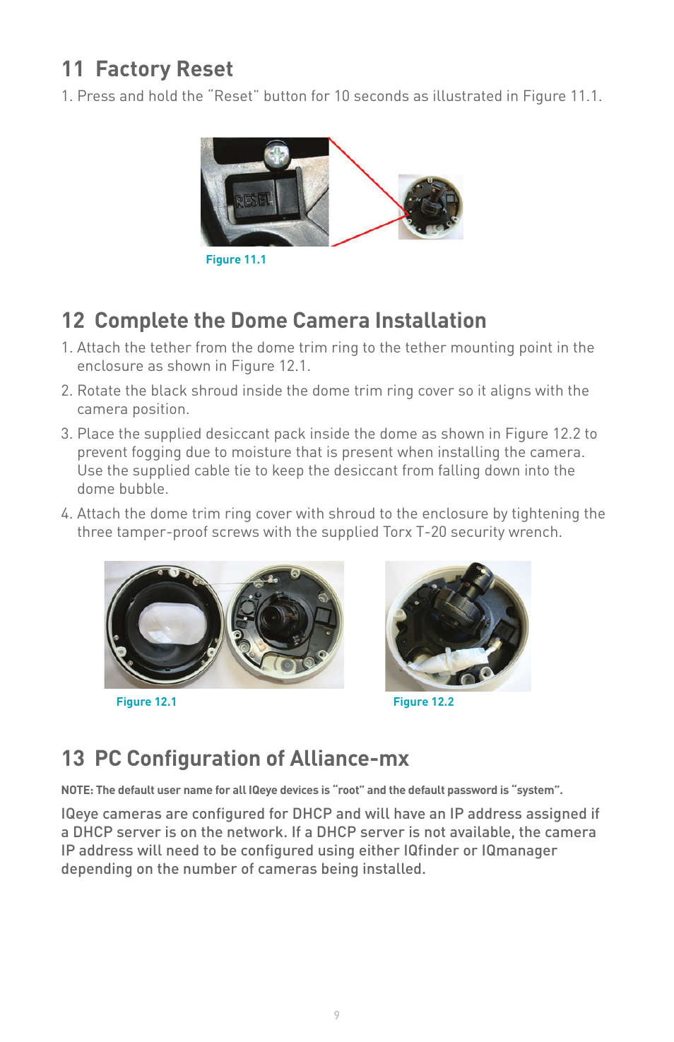 11 factory reset, 12 complete the dome camera installation, 13 pc configuration of alliance-mx | IQinVision Alliance-mx User Manual | Page 9 / 12