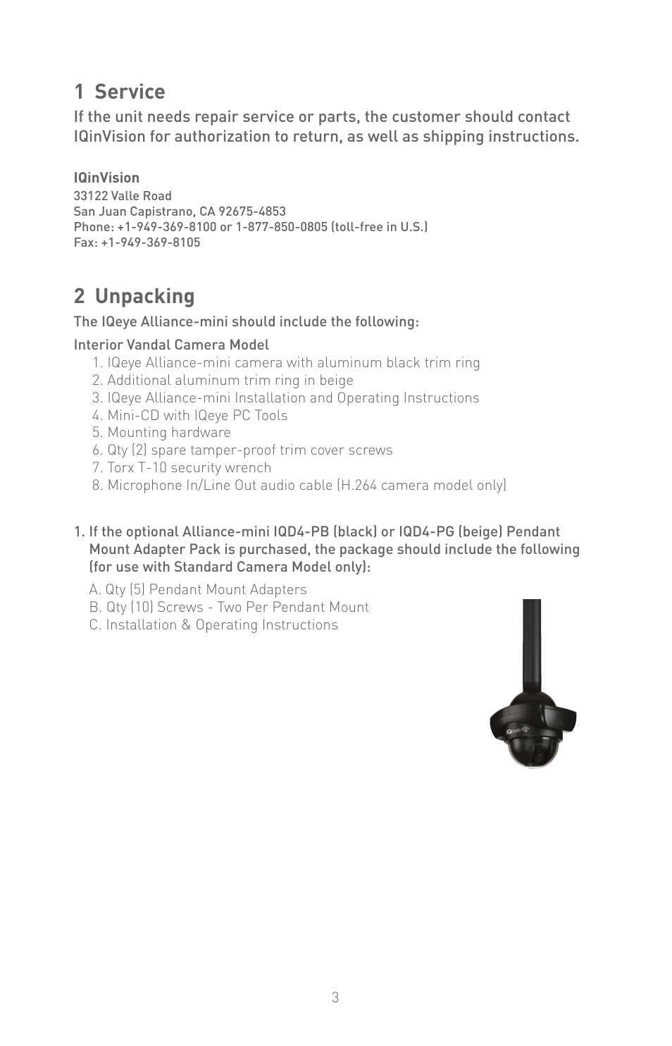 1 service, 2 unpacking | IQinVision Alliance-mini Series IQD3x User Manual | Page 3 / 12