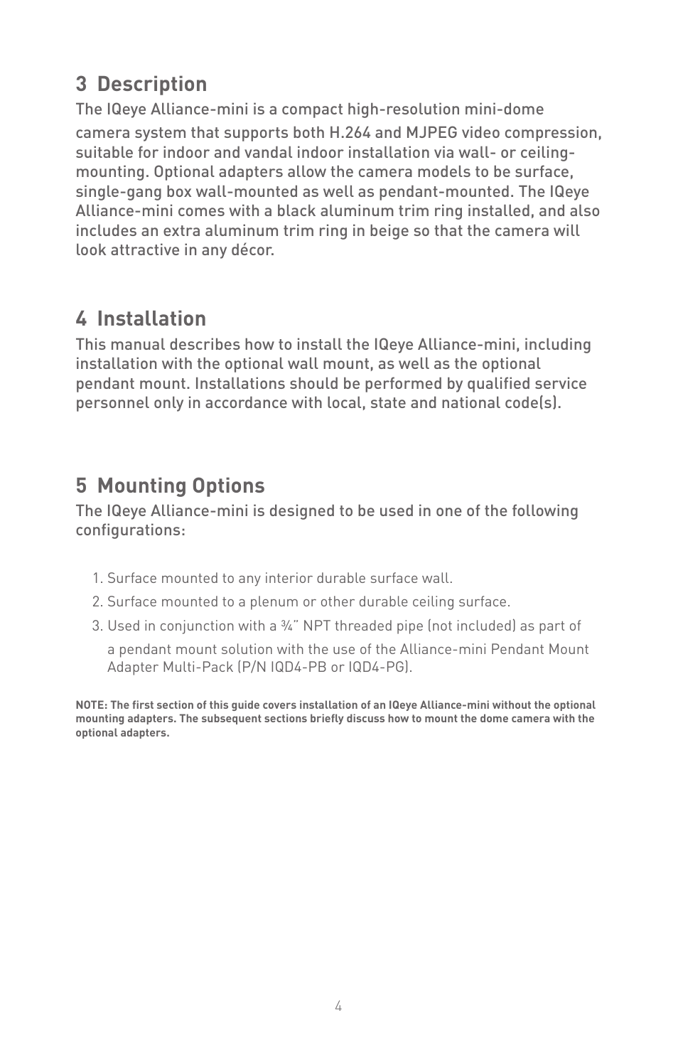 3 description, 4 installation, 5 mounting options | IQinVision Alliance-mini Series IQD3x User Manual | Page 4 / 12