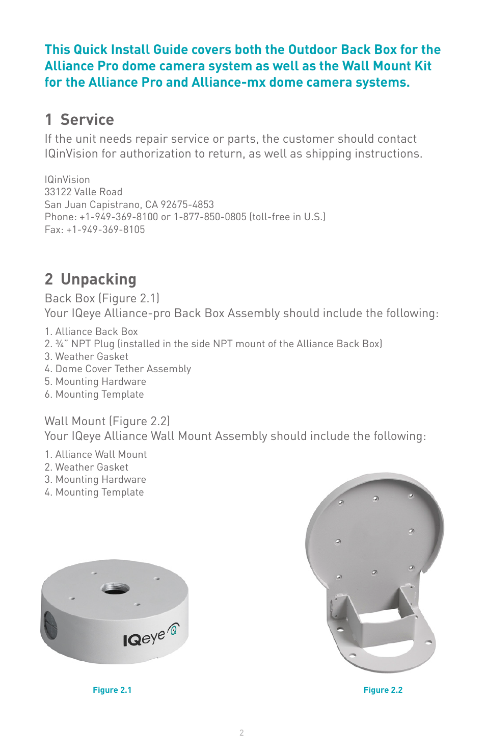 1 service, 2 unpacking | IQinVision Alliance-pro Backbox User Manual | Page 2 / 8