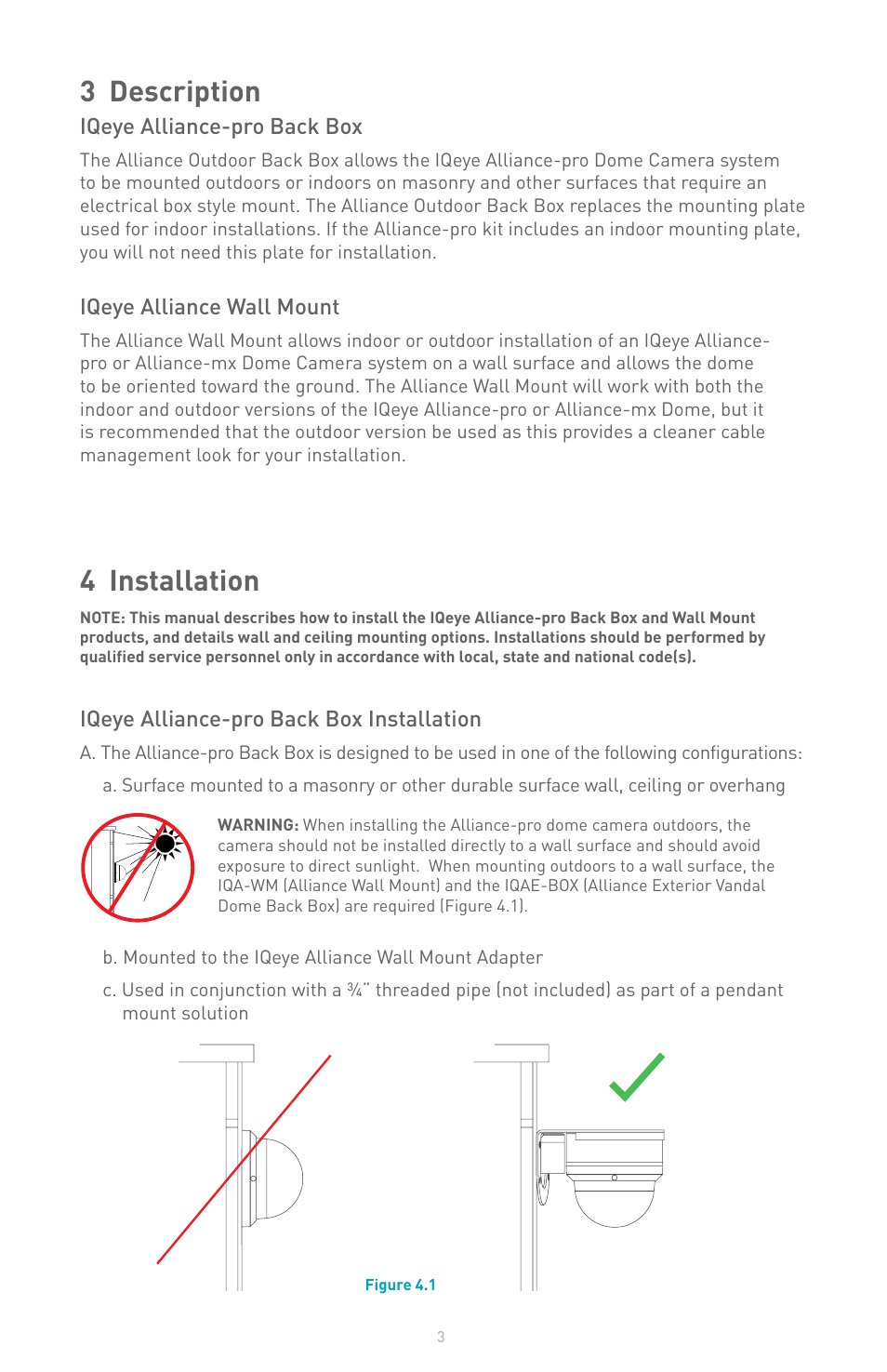 3 description, 4 installation, Iqeye alliance-pro back box | Iqeye alliance wall mount, Iqeye alliance-pro back box installation | IQinVision Alliance-pro Backbox User Manual | Page 3 / 8