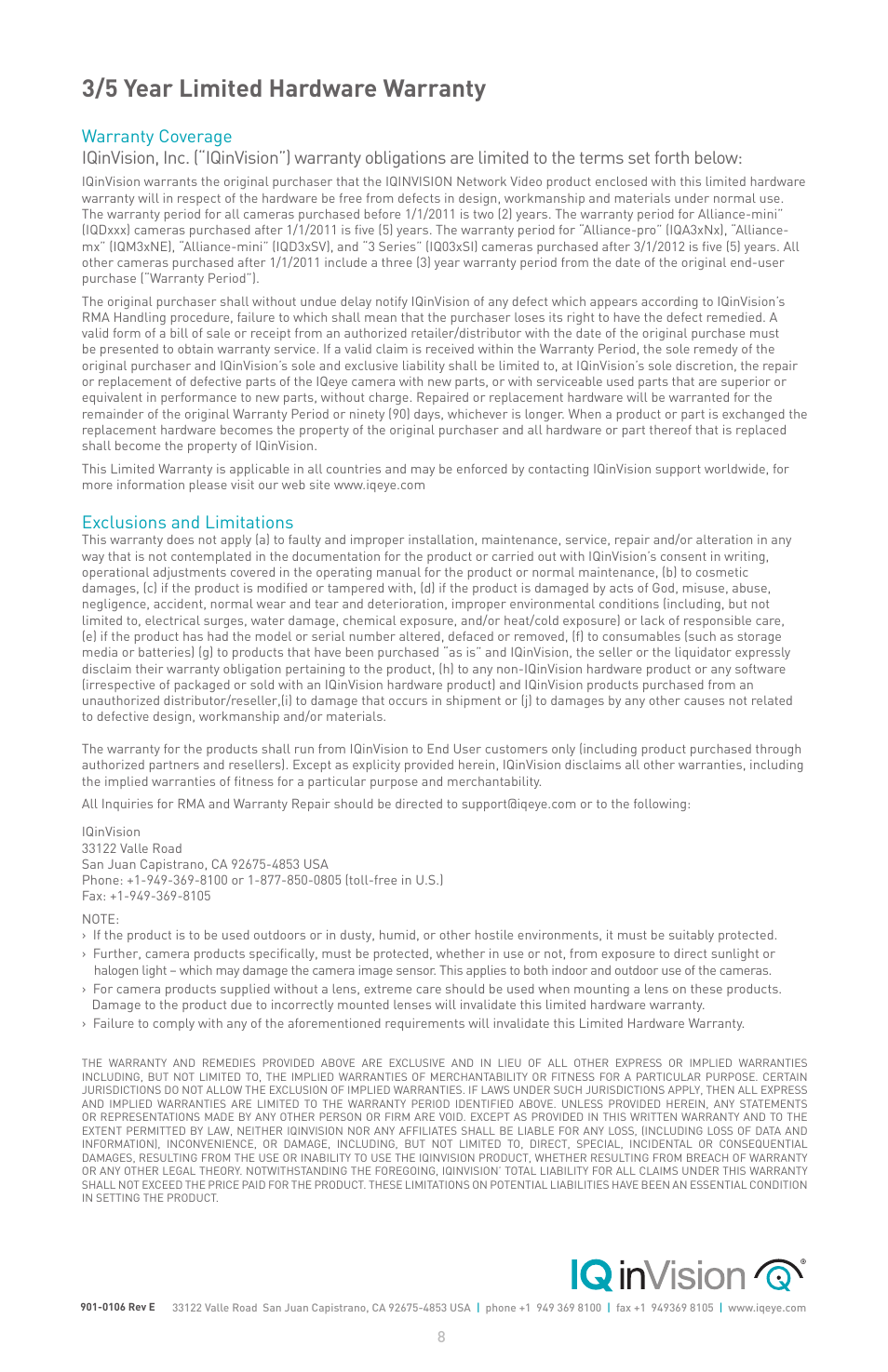 3/5 year limited hardware warranty, Exclusions and limitations | IQinVision Alliance-pro Backbox User Manual | Page 8 / 8