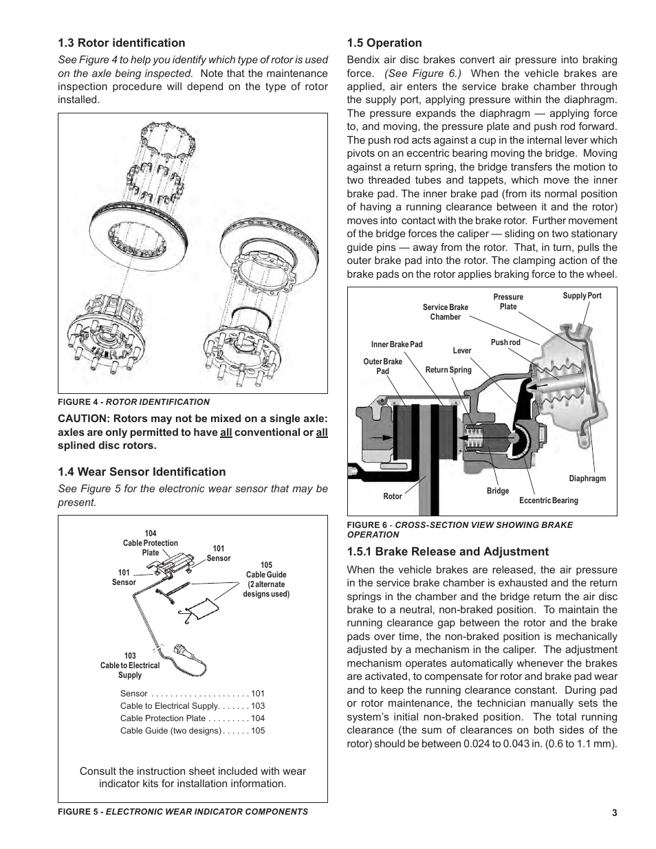 3 rotor identifi cation, 4 wear sensor identifi cation, 5 operation | 1 brake release and adjustment | Ken Tool Bendix ADB22X-V Air Disc Brakes User Manual | Page 3 / 40