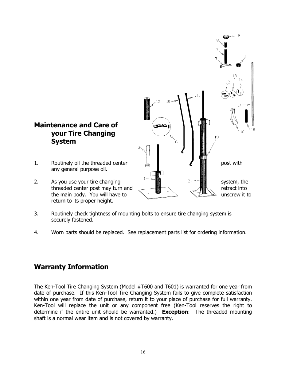 Maintenance and care of your tire changing system, Warranty information | Ken Tool T601 (38601) CENTER POST TIRE CHANGING SYSTEM User Manual | Page 16 / 16