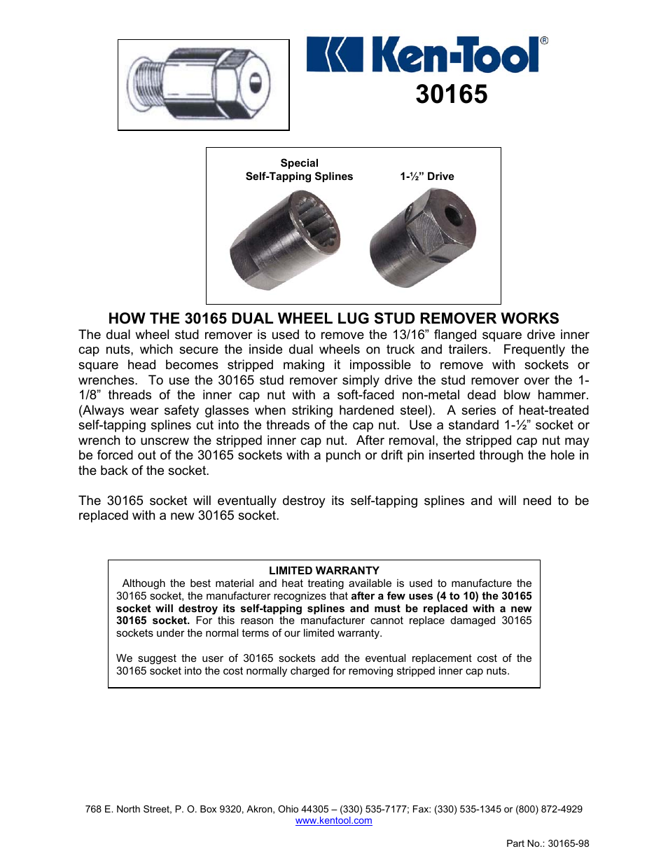 Ken Tool 30165 Dual Wheel Lug Stud User Manual | 2 pages