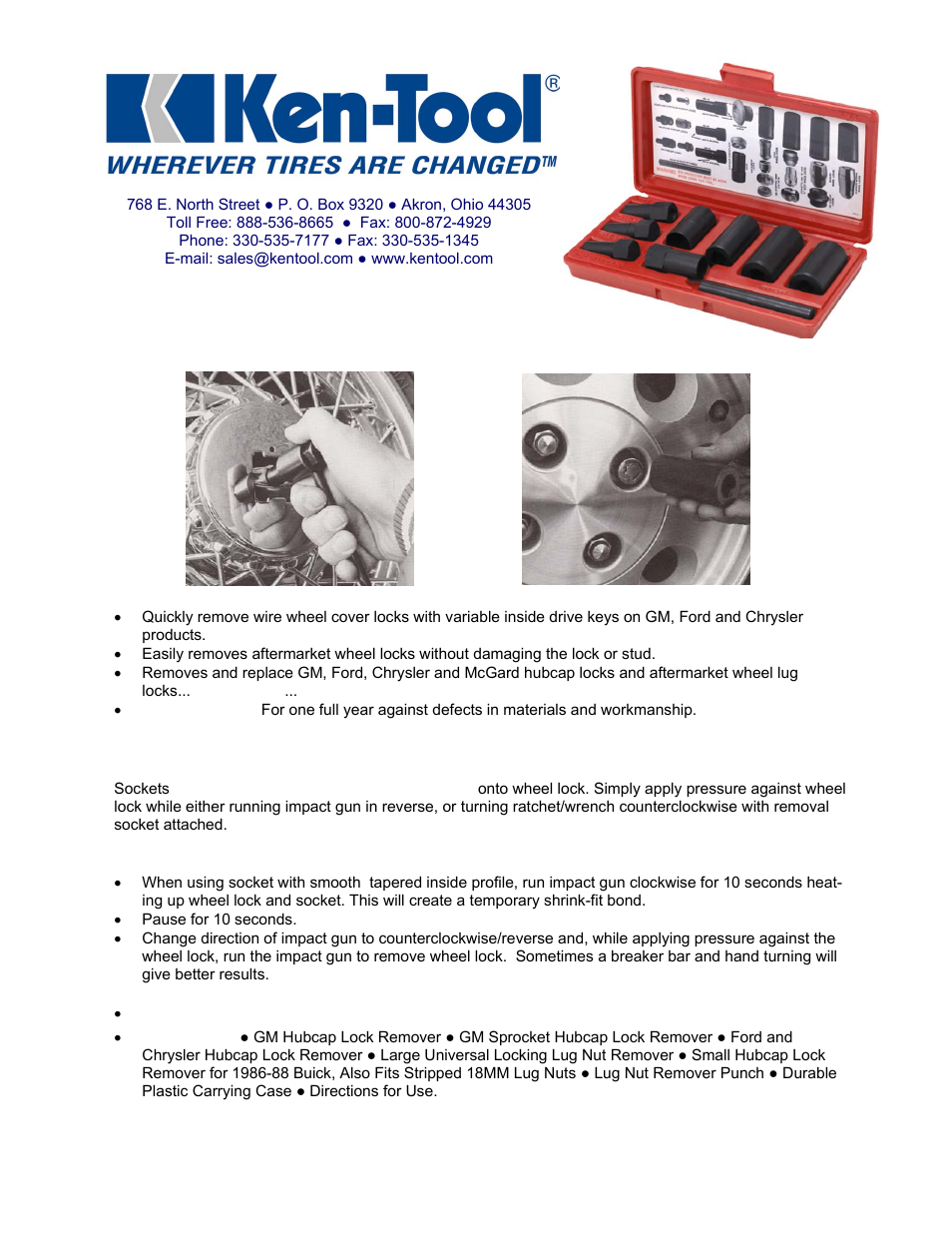 Ken Tool 30170 HUBCAP & WHEEL LOCK REMOVAL KIT User Manual | 2 pages