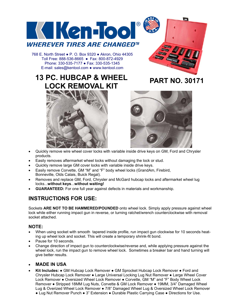 Ken Tool 30171 13 PC. HUBCAP & WHEEL LOCK REMOVAL KIT User Manual | 2 pages