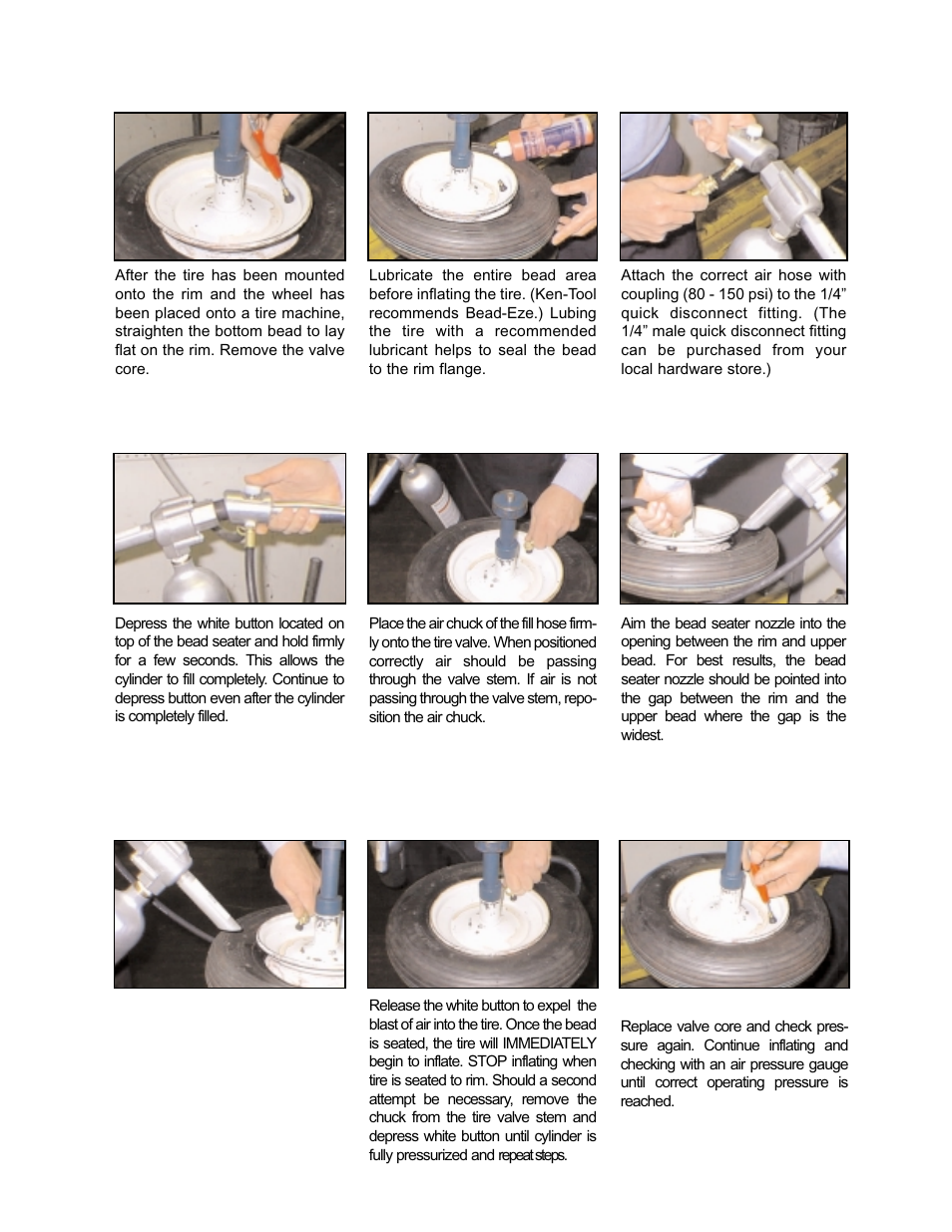 Air blast bead seating instructions | Ken Tool 31440 Bead Seater User Manual | Page 4 / 4