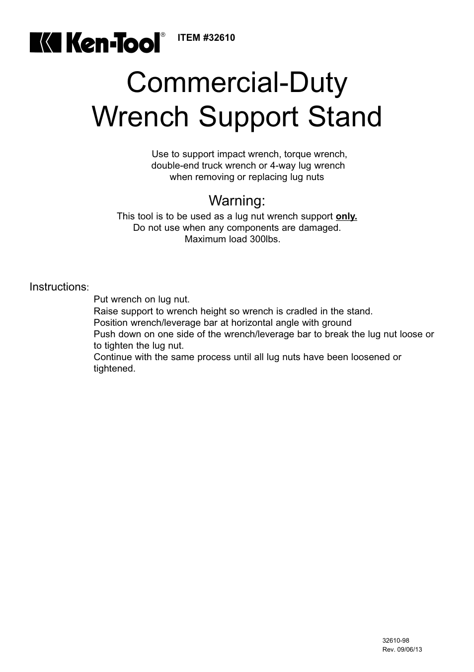 Ken Tool 32610 Wrench Support Stand User Manual | 1 page