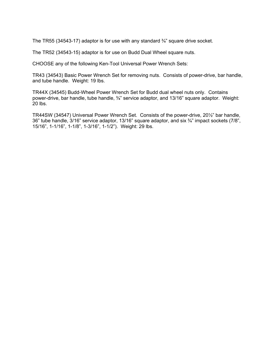Ken Tool 34543-98 Universal Power Wrench Set User Manual | Page 2 / 2
