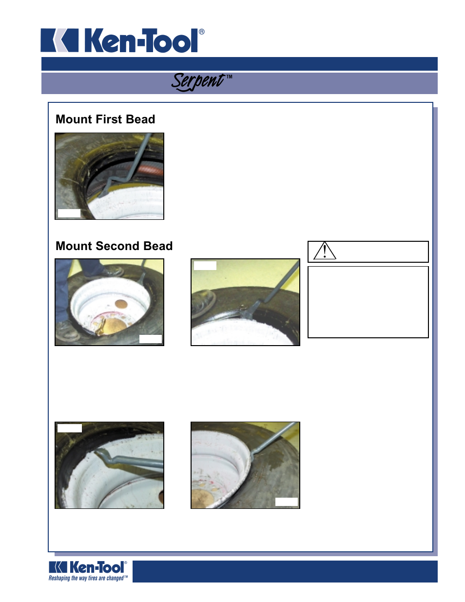 Instruction manual, Warning, Mount first bead | Mount second bead | Ken Tool 35449 T2001 Demount Tool User Manual | Page 2 / 2
