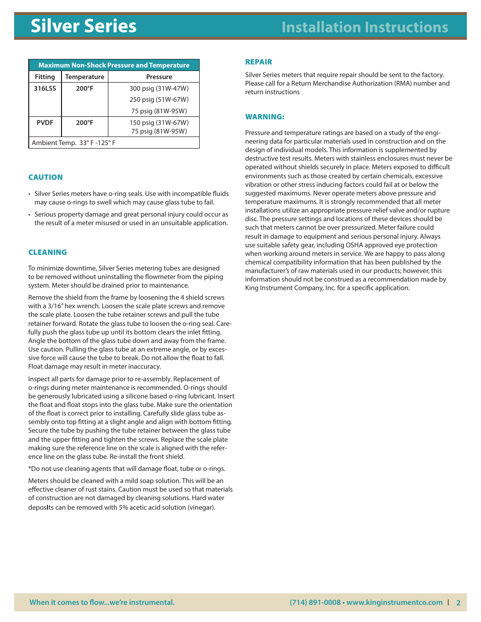 Silver series, Installation instructions | KING Silver Series User Manual | Page 2 / 5