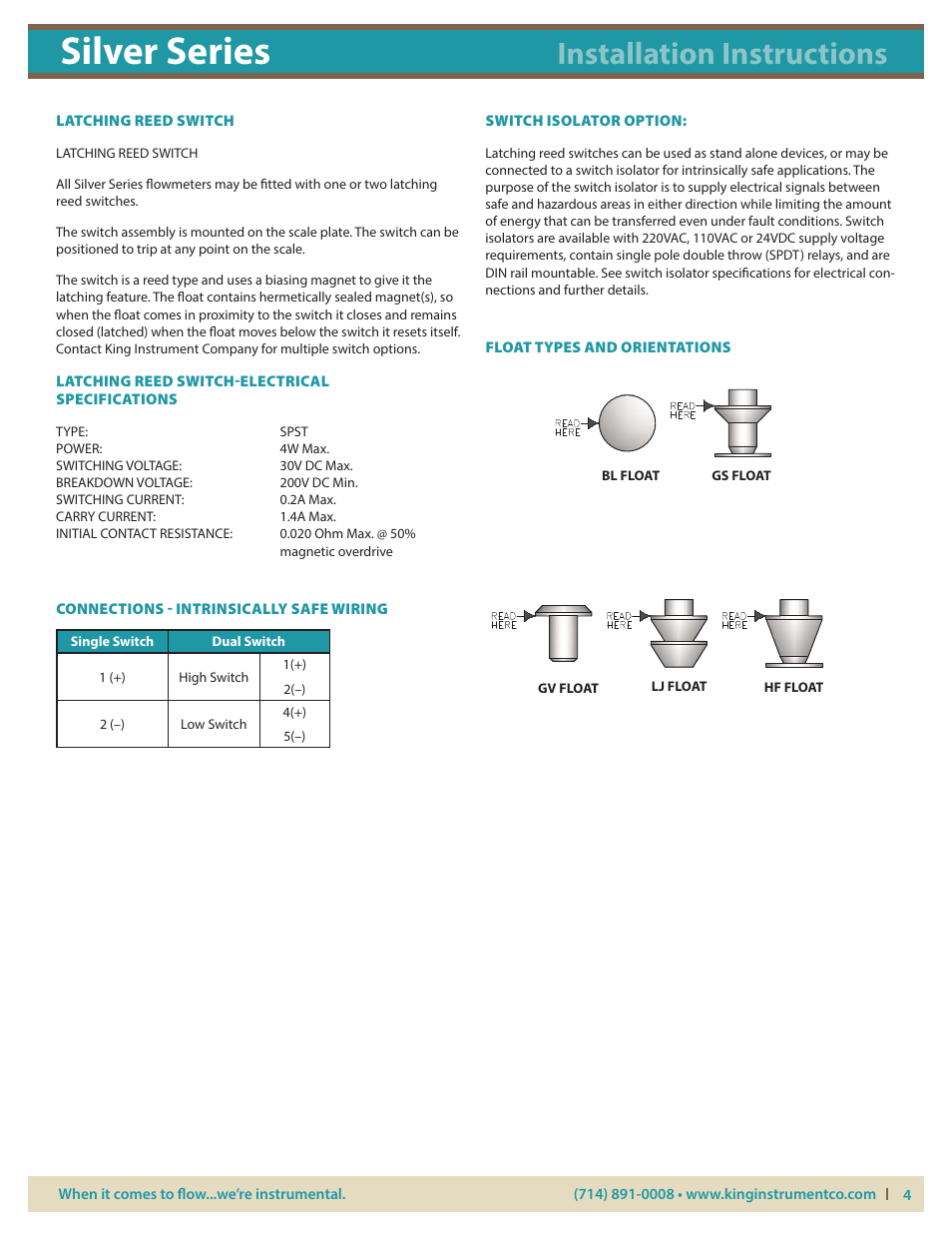 Silver series, Installation instructions, Float types and orientations | KING Silver Series User Manual | Page 4 / 5