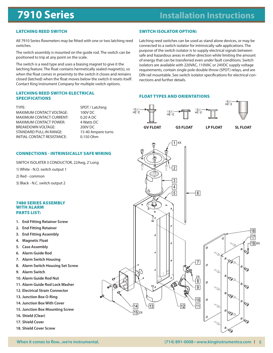 7910 series, Installation instructions, Latching reed switch | Latching reed switch-electrical specifications, Connections - intrinsically safe wiring, Switch isolator option, Float types and orientations, 7480 series assembly with alarm parts list | KING 7910 Series User Manual | Page 5 / 5