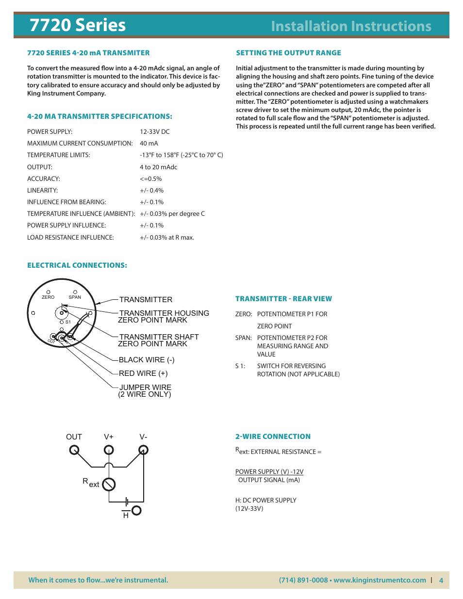 7720 series, Installation instructions, 20 ma transmitter specifications | Electrical connections, Inductive slot sensor-electrical specifications, Setting alarm trigger points, Transmitter - rear view 2-wire connection | KING 7720 Series User Manual | Page 4 / 4