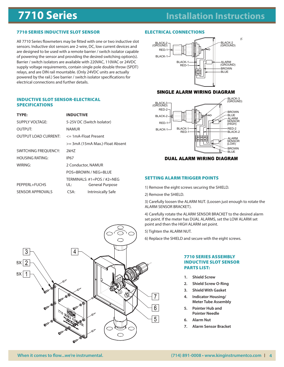 7710 series, Installation instructions, 20 ma transmitter specifications | Electrical connections, Inductive slot sensor-electrical specifications, Setting alarm trigger points, Transmitter - rear view 2-wire connection | KING 7710 Series User Manual | Page 4 / 5