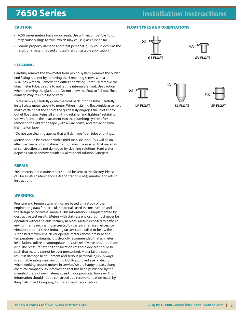 7650 series, Installation instructions | KING 7650 Series User Manual | Page 2 / 3