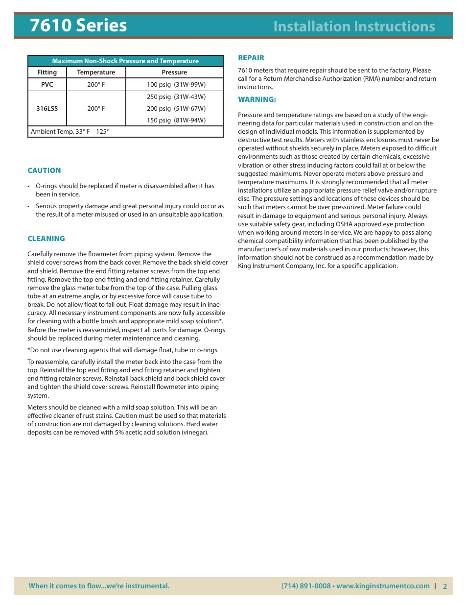7610 series, Installation instructions | KING 7610 Series User Manual | Page 2 / 5