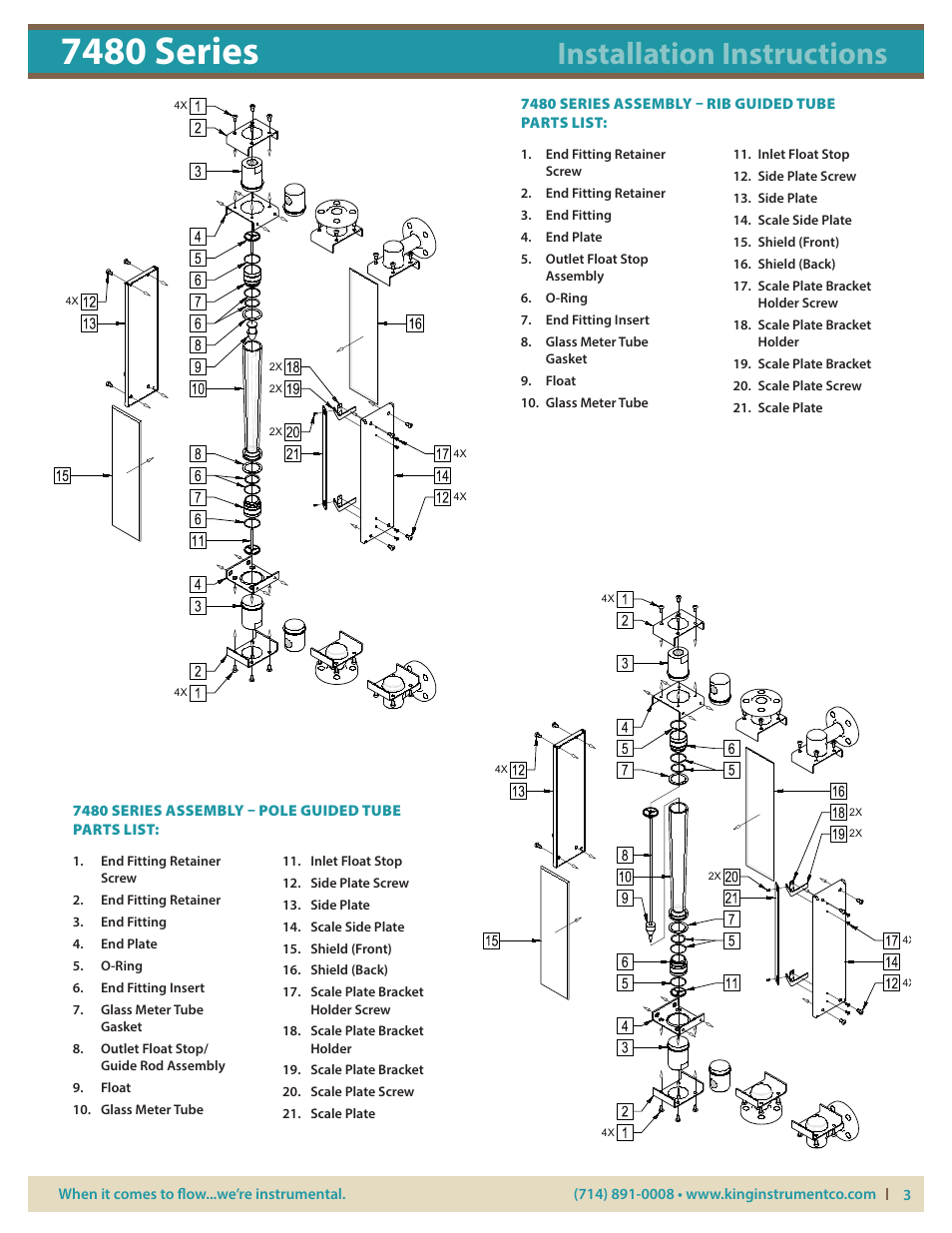 7480 series, Installation instructions, 7480 series assembly – rib guided tube parts list | KING 7480 Series User Manual | Page 3 / 4