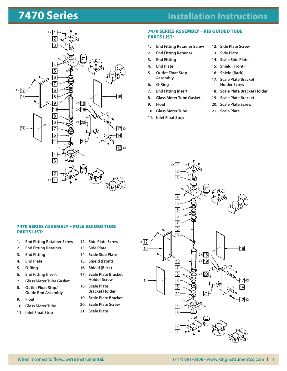 7470 series, Installation instructions, 7470 series assembly – rib guided tube parts list | 7470 series assembly – pole guided tube parts list | KING 7470 Series User Manual | Page 3 / 4