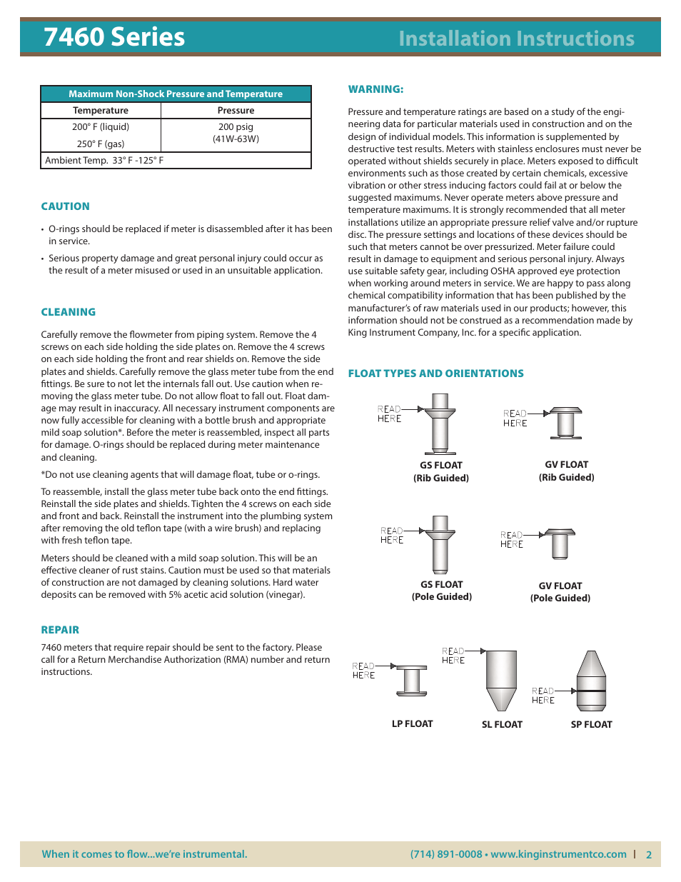 7460 series, Installation instructions | KING 7460 Series User Manual | Page 2 / 3