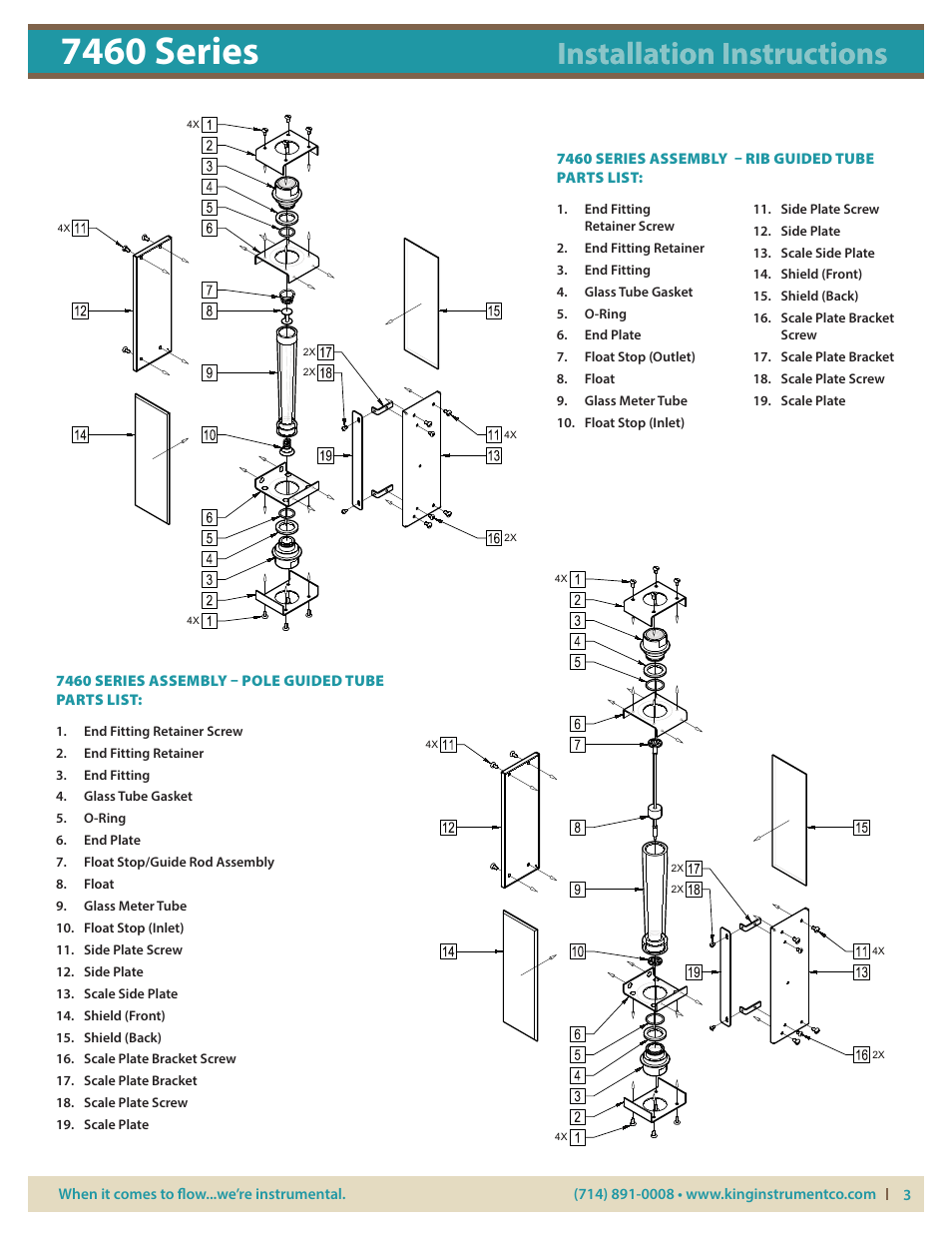 7460 series, Installation instructions, 7460 series assembly – rib guided tube parts list | 7460 series assembly – pole guided tube parts list | KING 7460 Series User Manual | Page 3 / 3