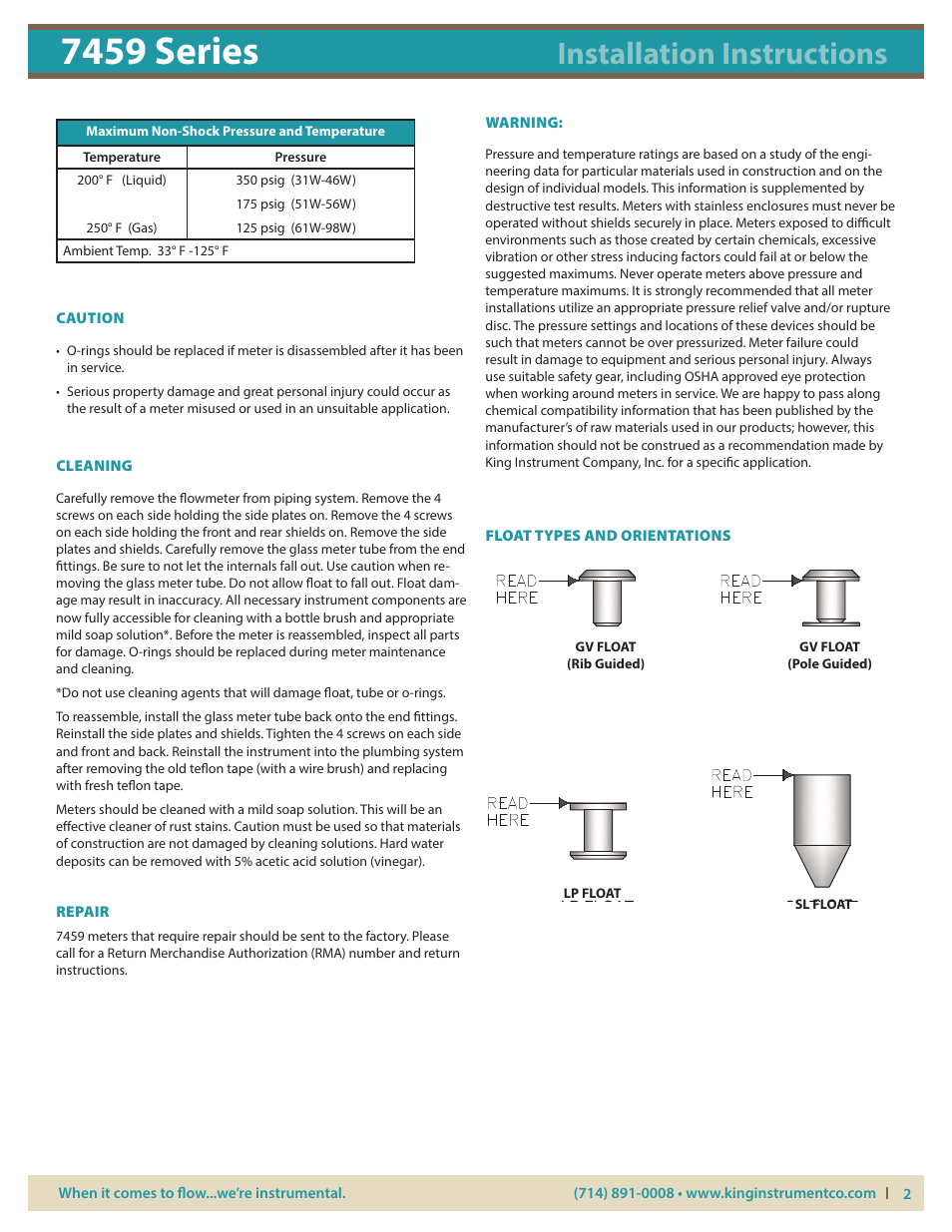 7459 series, Installation instructions, Caution: cleaning: repair: warning | Float types and orientations | KING 7459 Series User Manual | Page 2 / 3