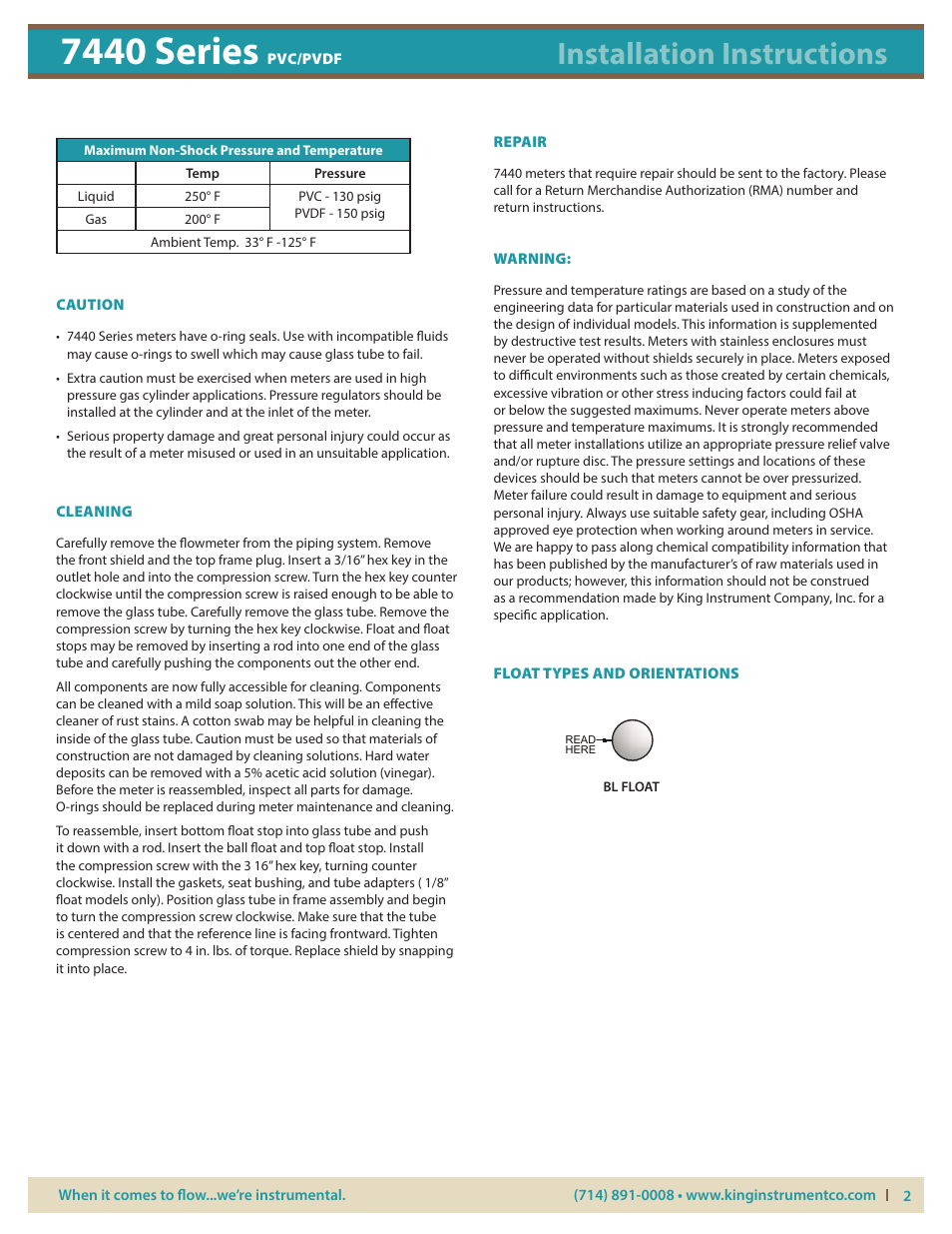 7440 series, Installation instructions | KING 7440 Series PVC_PVDF User Manual | Page 2 / 4